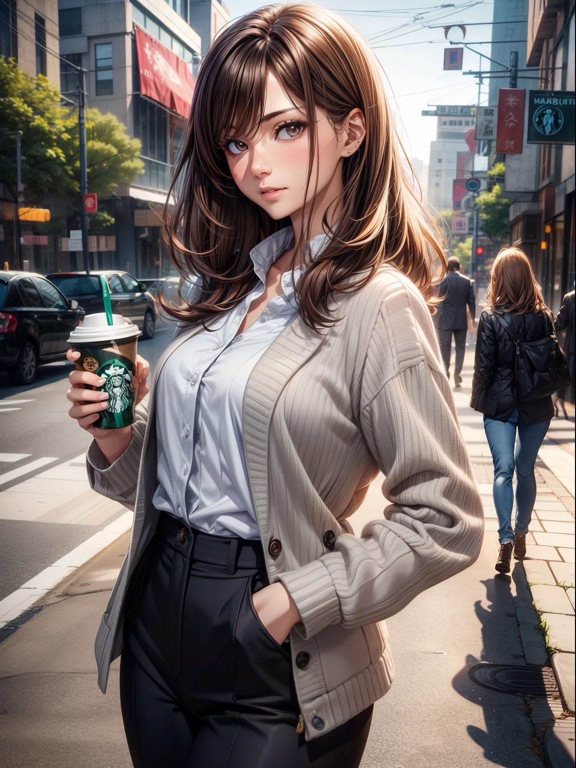 masutepiece, (Best Quality), 1womanl, , brown haired , Brown eyes,Medium Hair,Office Suits,Best Quality , Vibrant colors ,Natural lighting ,nffsw, Beautiful, (Detailed face:1.2), showcase, (Beautiful eyes) ,(Photorealistic:1.1), 8K UHD, Look at viewers, simple backround、full body Esbian、40 years、a matural female、Adults、Strong-minded woman、s Office、Take a break at Starbucks