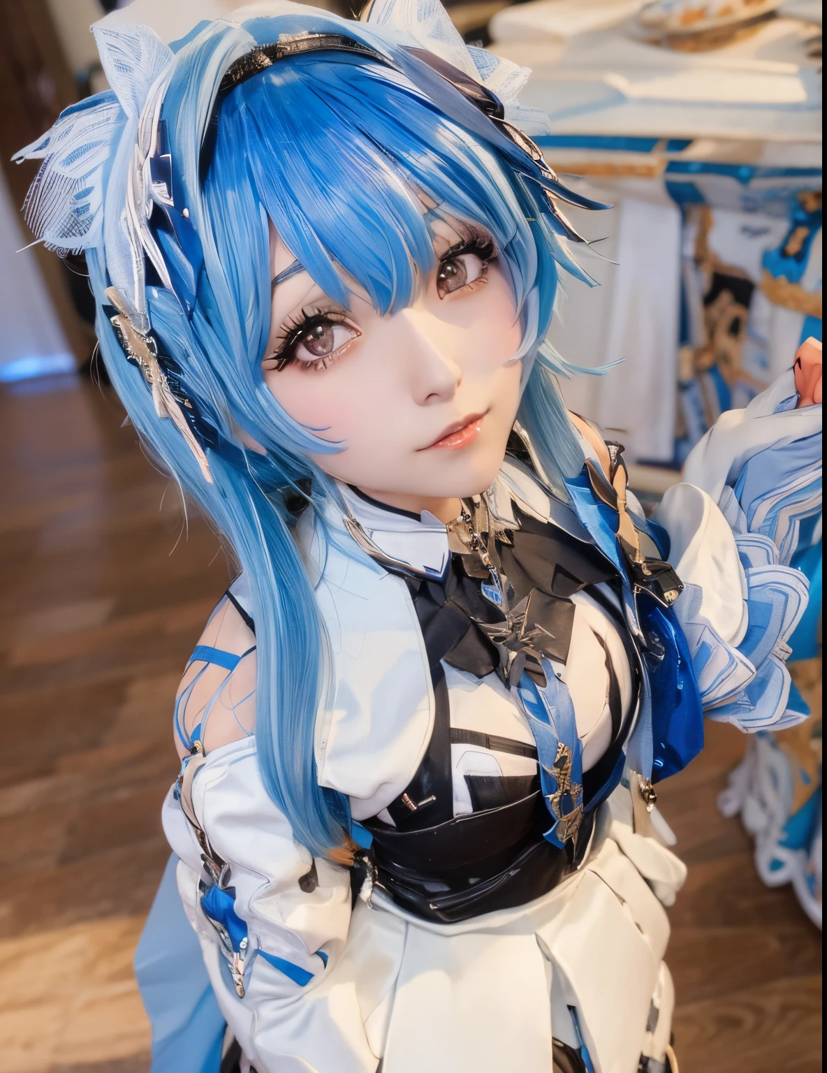 Close-up of a woman wearing a costume with blue hair, Anime girl role play, anime cosplaying, roleplaying, cat boy role play! maid! a skirt, change, anime girl in a maid costume, gorgeous maid, Professional role-playing, Ahegao, rpgmaker, I will deny this, Ahegao face, cosplay foto, full role play, anime girl in real life