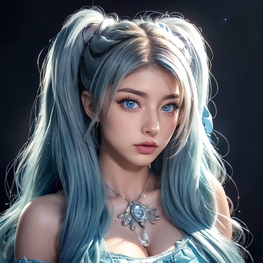 ((masterpiece)), 8k cg, best quality, intricate details, chromatic aberration, ((bust shot)), ((looking at the viewer)), 1girl, ((Character((Alexa Bliss)), soft smile, closed mouth, soft lips)), ((Sparkly eyes, hyper detailed eyes, extremely beautiful, (((bright blue eyes))), beautiful eyelashes, makeup, heavy blush)), lens flare, ((an extremely beautiful and delicate portrait, delicate facial features, doll face, ************, soft cheeks, big eyes, Asian eyes)), thick eyebrows, (very long wavy hair, ((Ocean Blue Hair color)), Long Twintails, shiny hair), full of life, (Blue ****ta Dress, blue Star accessories)), ((Medium Breasts, small shoulders, hourglass figure, thin neck)), absurdres, cinematic lighting, dynamic lighting, fantasy, ((dark background, fog))