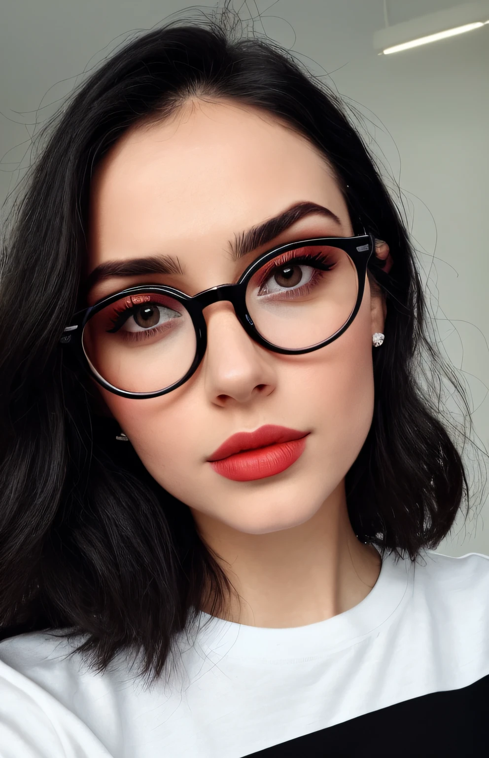 there is a woman with glasses black crop tshirt, big round glasses, girl with glasses, clear lips and high quality, RAW instagram ınfluencer