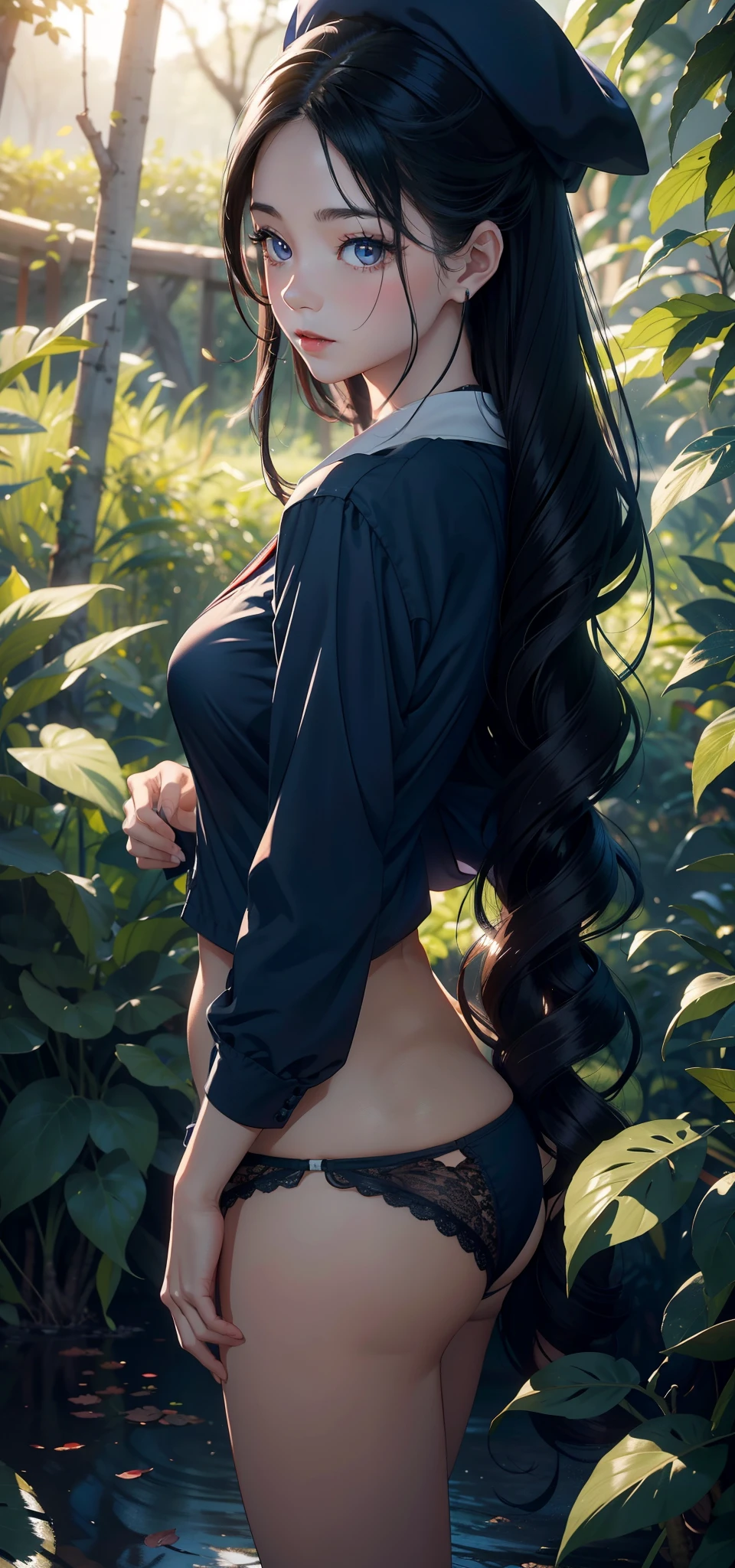 1female，small li， photo exposure， 独奏，（Background with：at a forest，the rainforest，in summer） She has long black hair，Redlip，The stands up，seen from the front， curlies， The sky is mostly cloudy，（（（tmasterpiece），（Very detailed CG unified 8k wallpaper），Best quality，电影灯光，detailed back ground，beautidful eyes，Bright pupils，（very delicate beautiful），（Beautiful and detailed eyes description），ultra - detailed，tmasterpiece，）），facing at the camera，A high resolution，ultra - detailed），Expose breasts exposed，Bare genitals， convex，Camel toes，Raised sexy，nurses（dressed in：，nurse hat，Dark blue nurse uniform，lace panty，nakeness，badges）