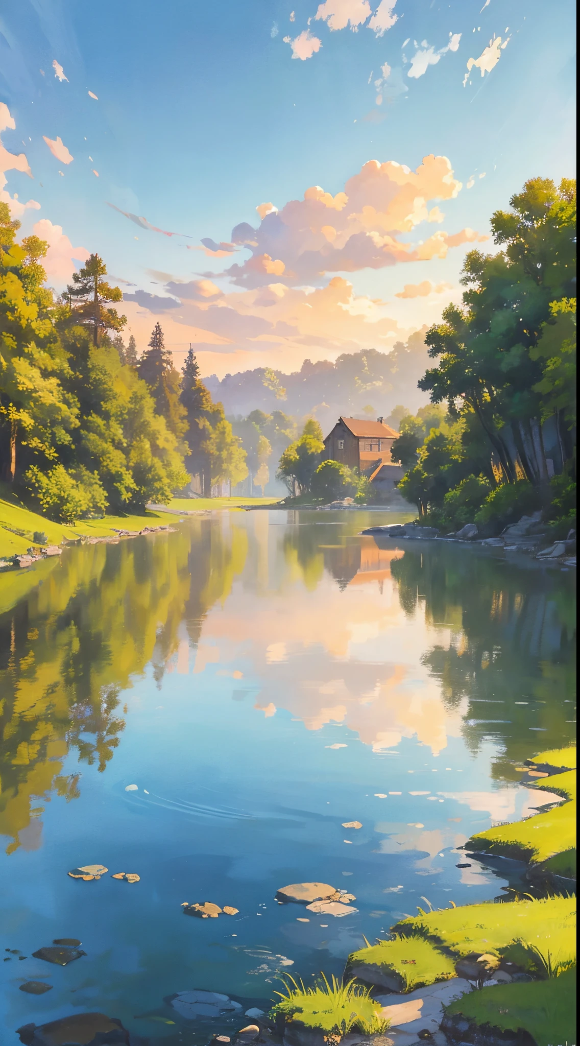 Impressionistic watercolor landscape revealing a rustic dwelling precariously nestled against a serene flowing river, as the declining sun births a variegated canvas in the sky and mirrors its brilliance on the surrounding foliage and tranquil water, quaint dwelling, tranquil river, sinking sun, vibrant sunset, lush nature, twilight, painterly texture, rich foliage, serene harmony, reflection in the water, warm color palette, broad brush strokes, dreamy atmosphere, gradient sky, soft lighting, artistic impressions