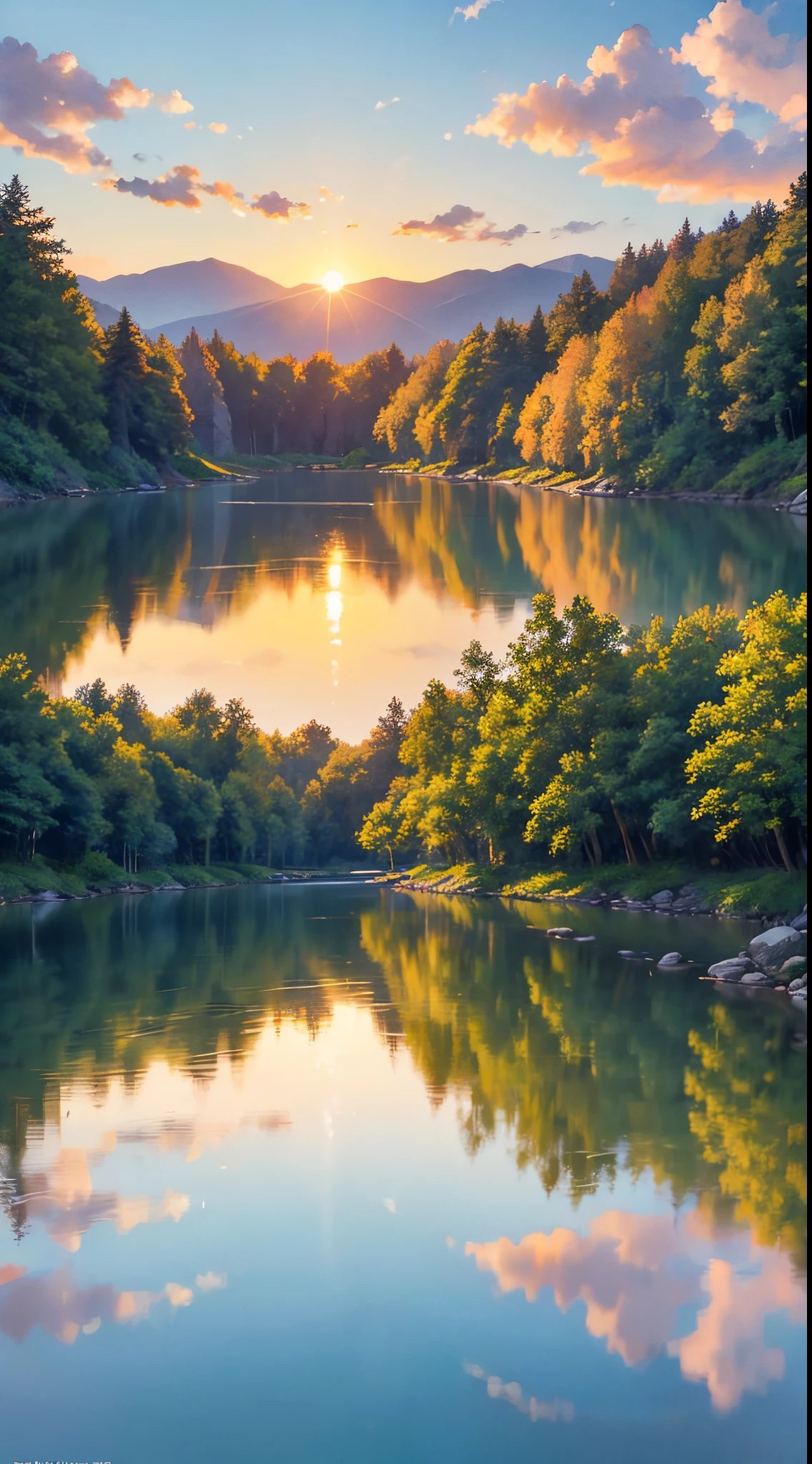 Impressionistic watercolor landscape revealing a rustic dwelling precariously nestled against a serene flowing river, as the declining sun births a variegated canvas in the sky and mirrors its brilliance on the surrounding foliage and tranquil water, quaint dwelling, tranquil river, sinking sun, vibrant sunset, lush nature, twilight, painterly texture, rich foliage, serene harmony, reflection in the water, warm color palette, broad brush strokes, dreamy atmosphere, gradient sky, soft lighting, artistic impressions