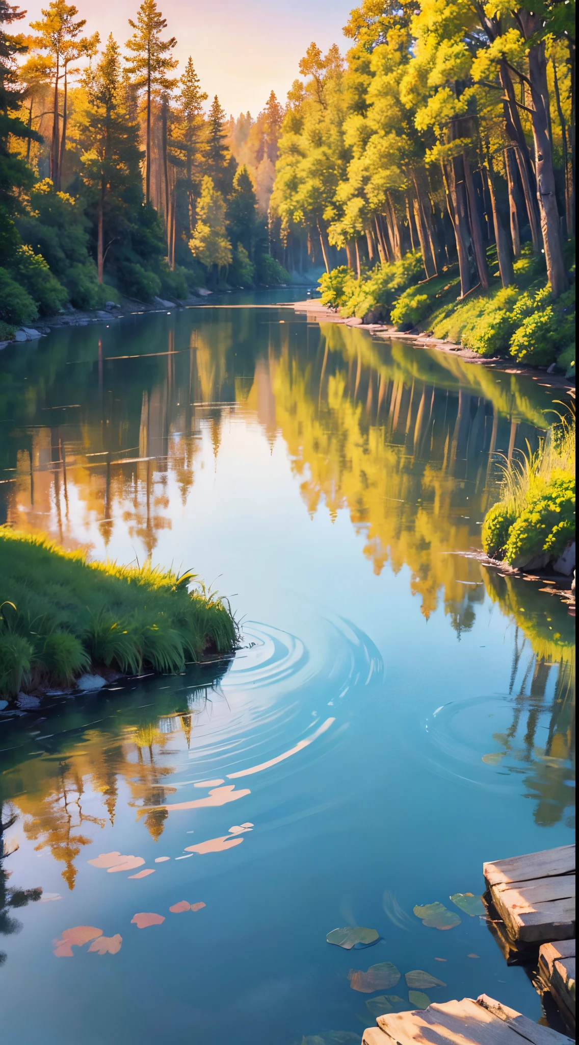 Impressionistic watercolor landscape revealing a rustic dwelling precariously nestled against a serene flowing river, as the declining sun births a variegated canvas in the sky and mirrors its brilliance on the surrounding foliage and tranquil water, quaint dwelling, tranquil river, sinking sun, vibrant sunset, lush nature, twilight, painterly texture, rich foliage, serene harmony, reflection in the water, warm color palette, broad brush strokes, dreamy atmosphere, gradient sky, soft lighting, artistic impressions