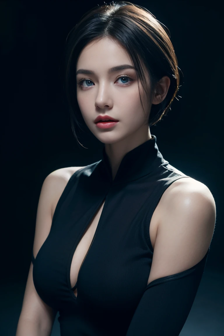 Skin Tight Black Top:1.2, Looking at Viewer, Cinematic lighting, Perfect, softlight, High resolution skin:1.2, Realistic skin texture, Realistic face, off shoulders,Bust B Cup、 Exposed cleavage, Blue eyes, Short hair, dark brown  hair、