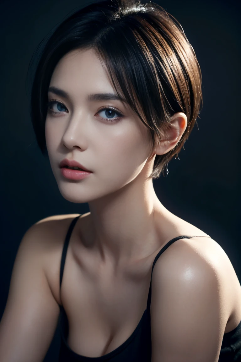 Short hair, Skin Tight Black Top:1.2, Looking at Viewer, Cinematic lighting, Perfect, softlight, High resolution skin:1.2, Realistic skin texture, Realistic face, off shoulders, Exposed cleavage, Blue eyes, Short hair,