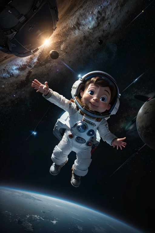 Disney Pixar character, A little boy is in space in his space suit, different planets and stars around, space light. Animation character, disney pixar style, high quality, high resolution, 8k, Full HD