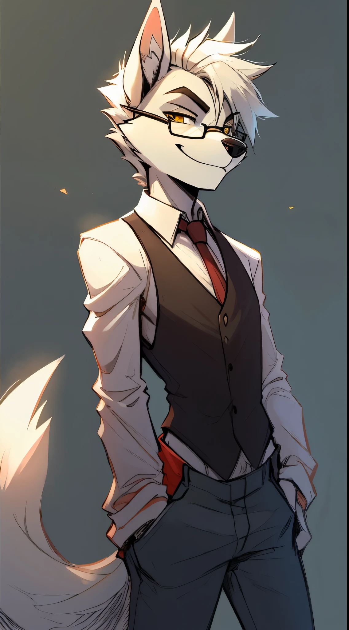 Male, arctic wolf, detailed yellow eyes, long tail, bartender, loose baggy jeans, slim, sly, simple background, glasses, smirk