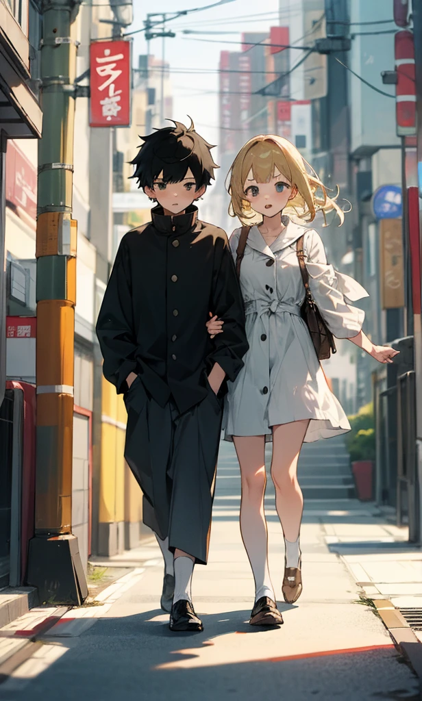 black haired boy and blonde girl walking through sapporo