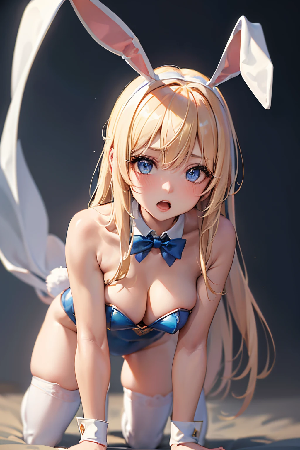 (*****, top-quality, 8K, masterpiece, Top image quality, Hi-Res, super detailing, Ultra HD, best quality, detailed background, (hyper detailed, intricate detail, Detailed hair ++, detailed eyes ++, raytracing, perfect shadow, enhanced eyes), (Delicate and smooth skin, real looking skin, Perfect and beautiful face ,Perfect and cute face, high detail skin, Perfect limbs)), girl , sexy facial expression, seductive eyes, animal ears , ass , blonde hair , blue bow , blue bowtie , blue eyes , blue hair , blue halo , blue leotard , braid , cleavage , detached collar , fake animal ears , groin , large breasts , long hair , multicolored hair , open mouth , playboy bunny , rabbit ears , rabbit tail , solo , strapless leotard , streaked hair , white thighhighs, on all fours, pov from below, view from below, looking down at viewer, blushing, breasts together , breasts hanging
