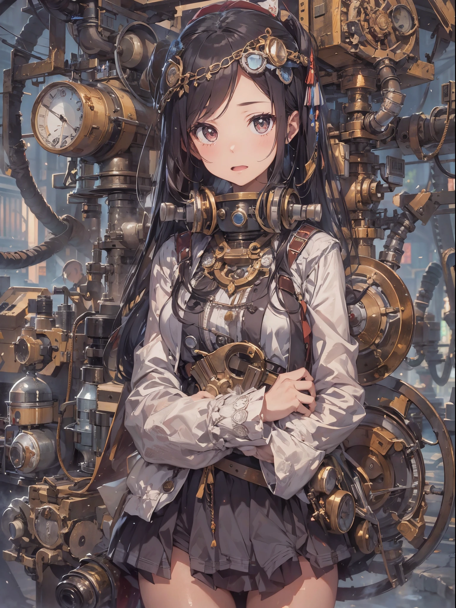 //Style Imagine a scene that blends the elegance of Taisho Romance with the intricate machinery of steampunk aesthetics, BREAK //Character In the center stands a cute anime-style girl, embodying the spirit of a princess, BREAK //Fashion Her attire is a fusion of traditional kimono and high-waisted hakama, adorned with complex mechanical details, integrating gears, pistons, and cables, BREAK //Background The background showcases a retro-futuristic Japan, complete with vintage buildings and mechanical structures featuring cylinders, cranks, connecting rods, pumps, and meters, BREAK //Effect Around her, there are pipes and cables intertwining, and she wears a muffler around her neck, which emits puffs of white steam, adding to the whimsical yet technological ambiance of the scene.