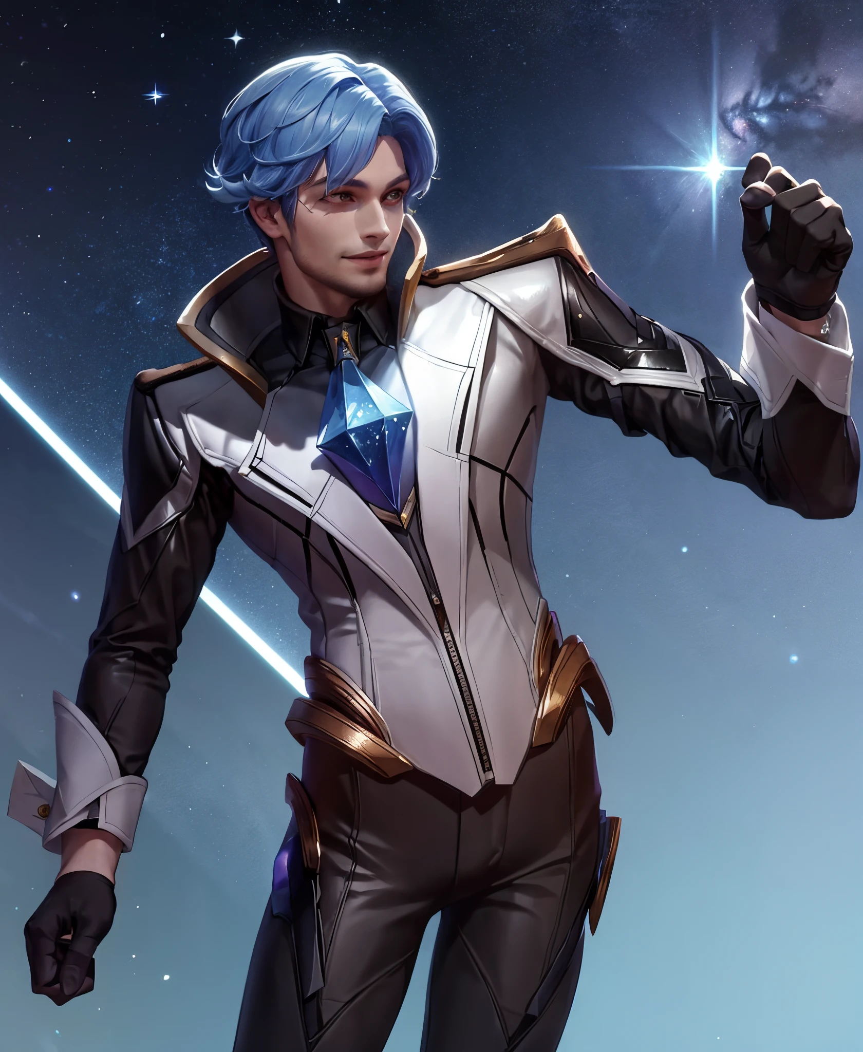 a man,Florentino, solo, smile, short hair, gloves, long sleeves, 1boy, blue hair, jacket, male focus, black gloves, pants, hand up, fingerless gloves, glowing, gem, black bearded KDA, (universe), stars, (blue glow), galaxy, (masterpiece,best quality:1.5)