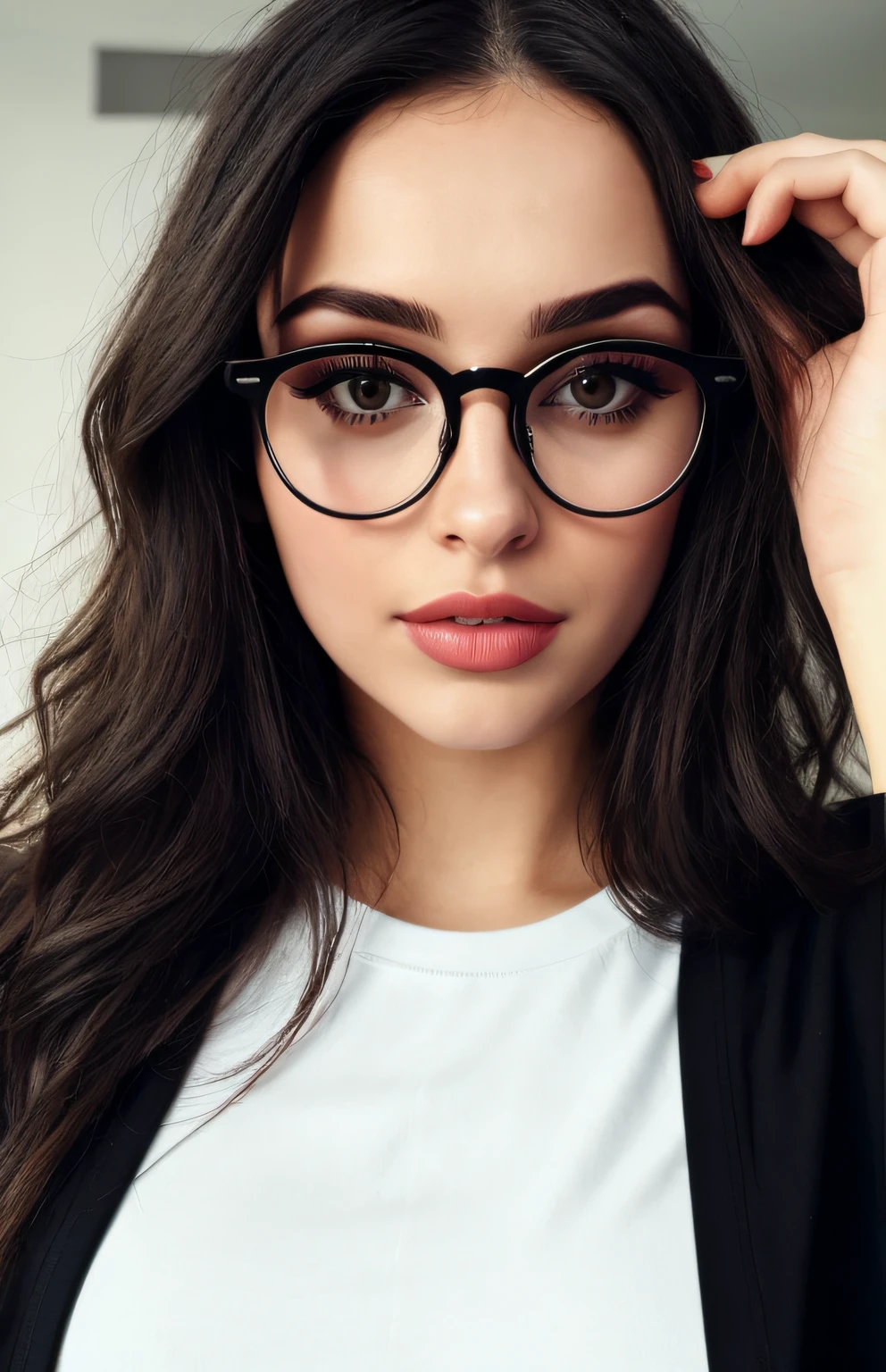 there is a woman with glasses black crop tshirt, big round glasses, girl with glasses, clear lips and high quality, RAW instagram ınfluencer