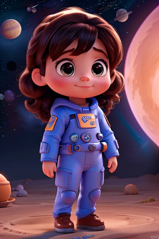 Disney Pixar character, A is in space in his space suit, different planets and stars around, space light. Animation character, disney pixar style, high quality, high resolution, 8k, Full HD