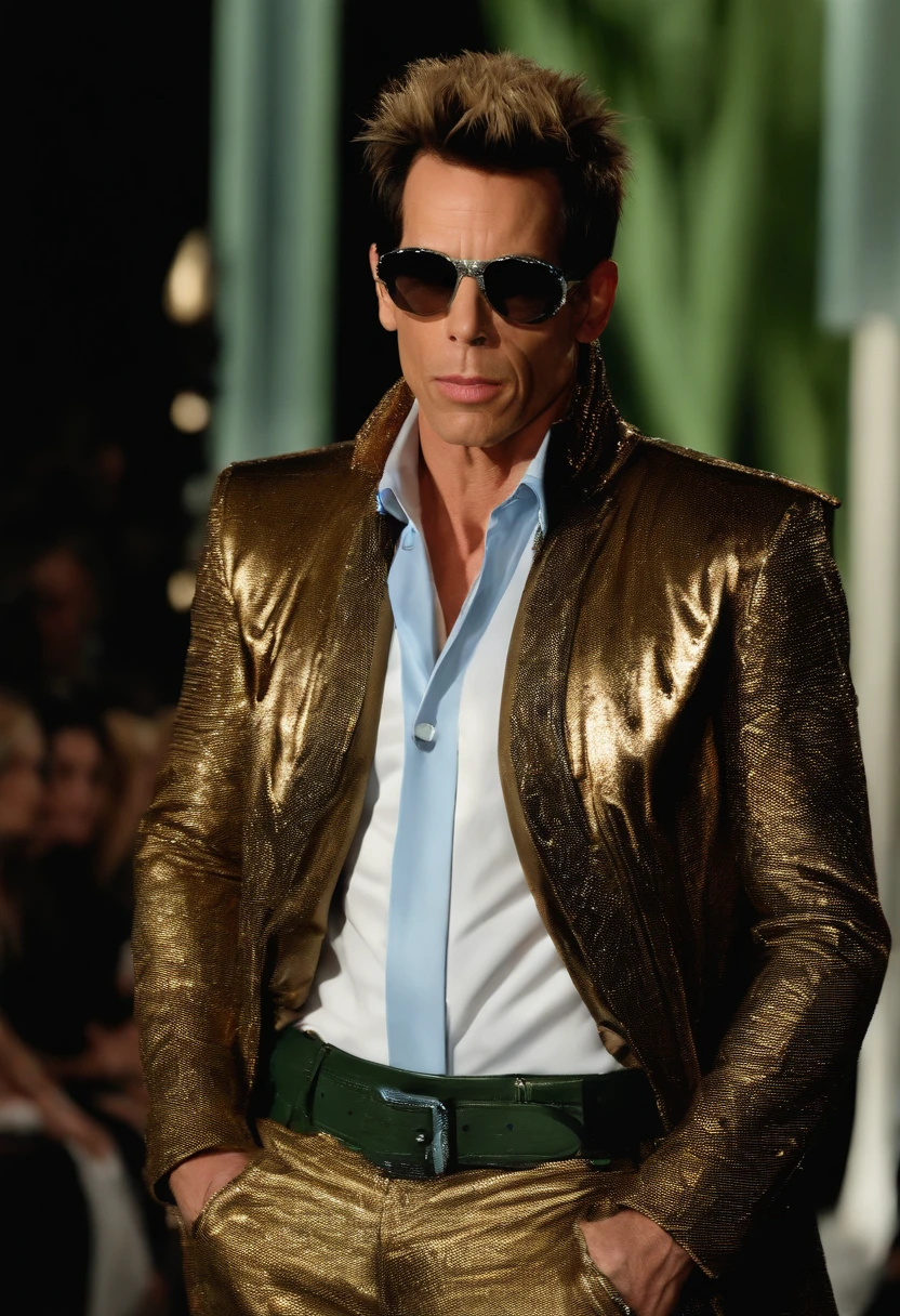A photo of Derek Zoolander creating a futuristic fashion outfit using recycled materials,Zoolander films,Derek Zoolander, the fictional supermodel from the “Zoolander” films, played by Ben Stiller, is known for his distinctive and exaggerated fashion style. He often sports flashy, avant-garde outfits that mirror the over-the-top nature of the fashion industry he represents. Derek’s signature “Blue Steel” look is characterized by his pursed lips and intense, smoldering gaze, which he comically believes to be highly influential and groundbreaking. His well-groomed hair and chiseled facial features contribute to his portrayal as a somewhat clueless yet beloved fashion icon., male