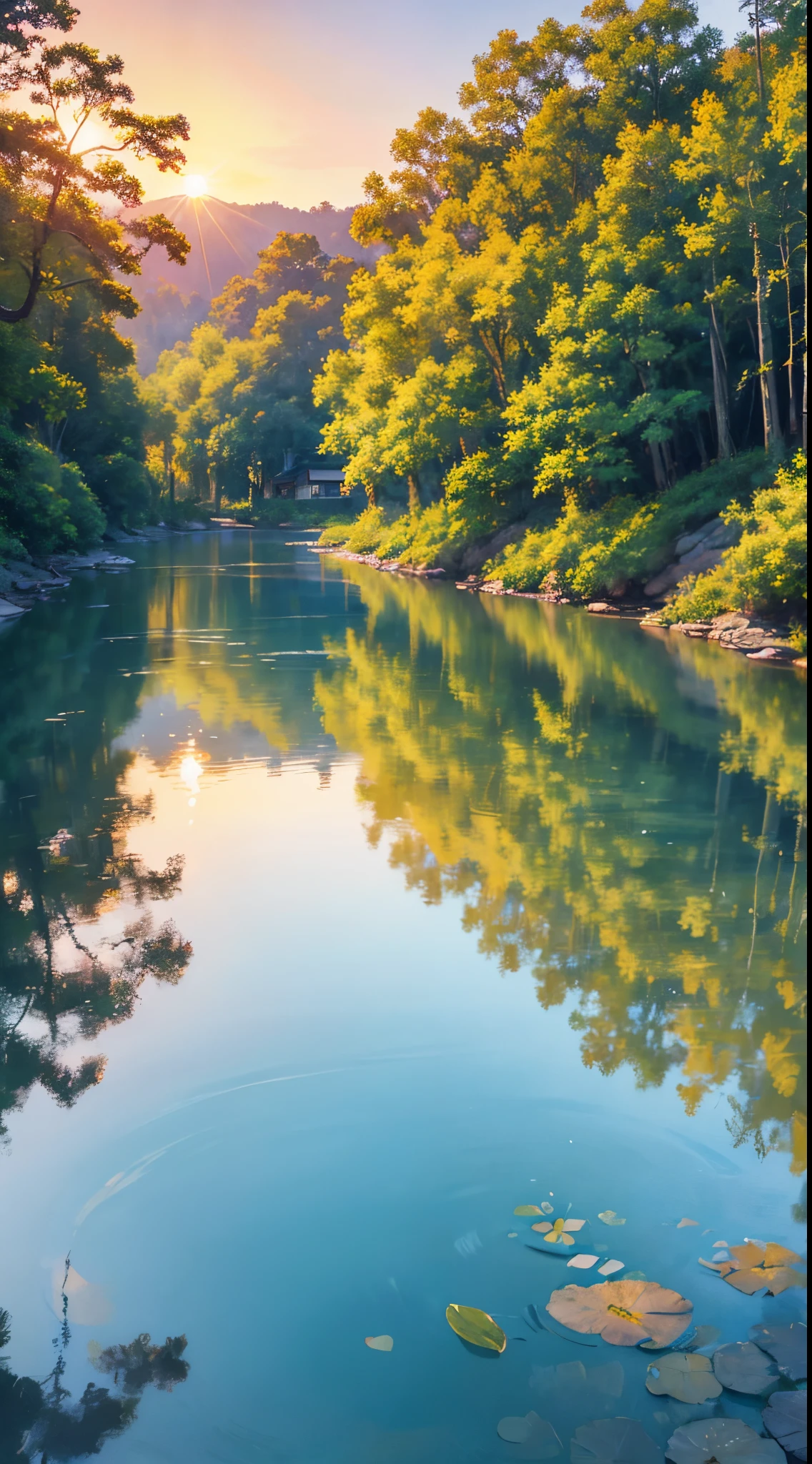 Impressionistic watercolor landscape revealing a rustic dwelling precariously nestled against a serene flowing river, as the declining sun births a variegated canvas in the sky and mirrors its brilliance on the surrounding foliage and tranquil water, quaint dwelling, tranquil river, sinking sun, vibrant sunset, lush nature, twilight, painterly texture, rich foliage, serene harmony, reflection in the water, warm color palette, broad brush strokes, dreamy atmosphere, gradient sky, soft lighting, artistic impressions