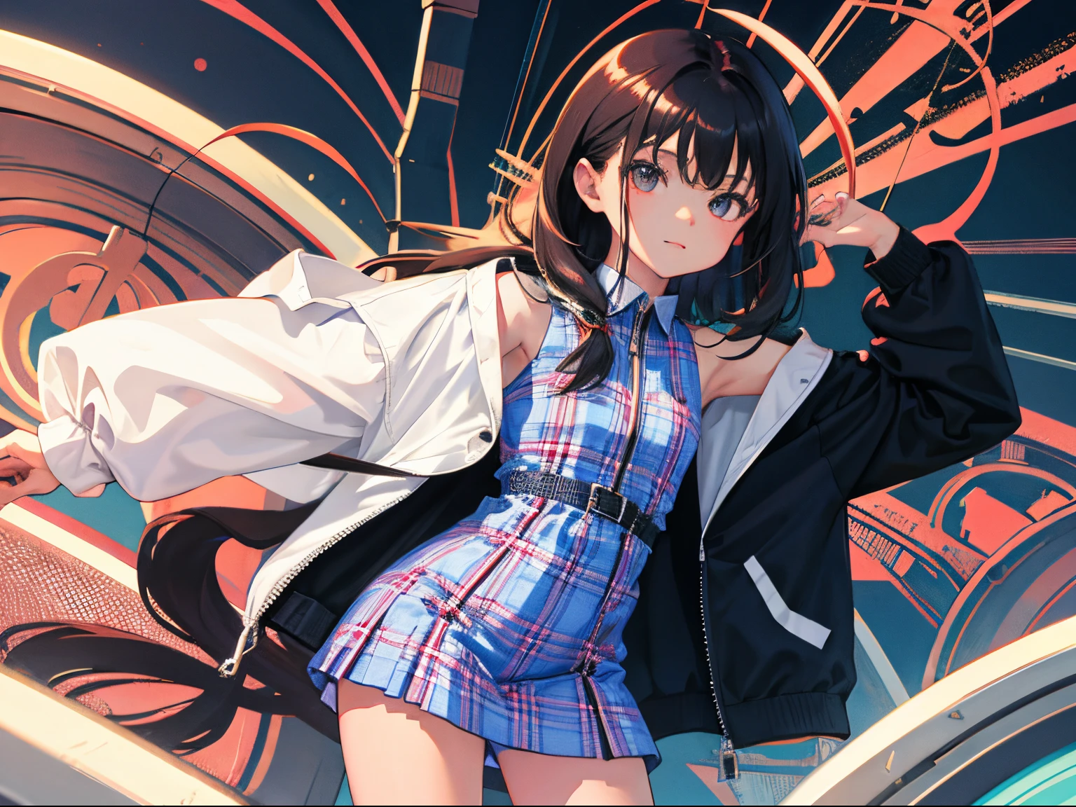child,is standing,(masterpiece,Highest Quality),(plaid zip-up dress:1.4),shortsleeves,A dark-haired,Twin-tailed