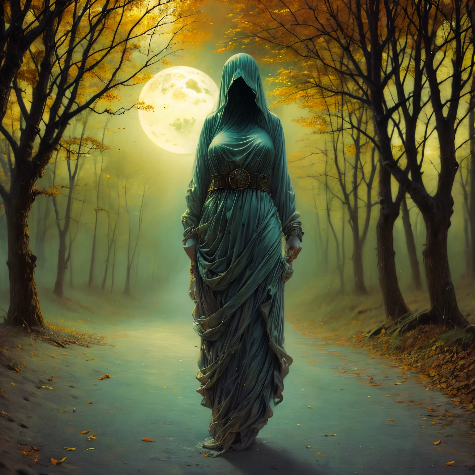 Realistic anime style photo, better quality possible, ghost adult woman walking in cemitery, night, full moon, add owl in a tree