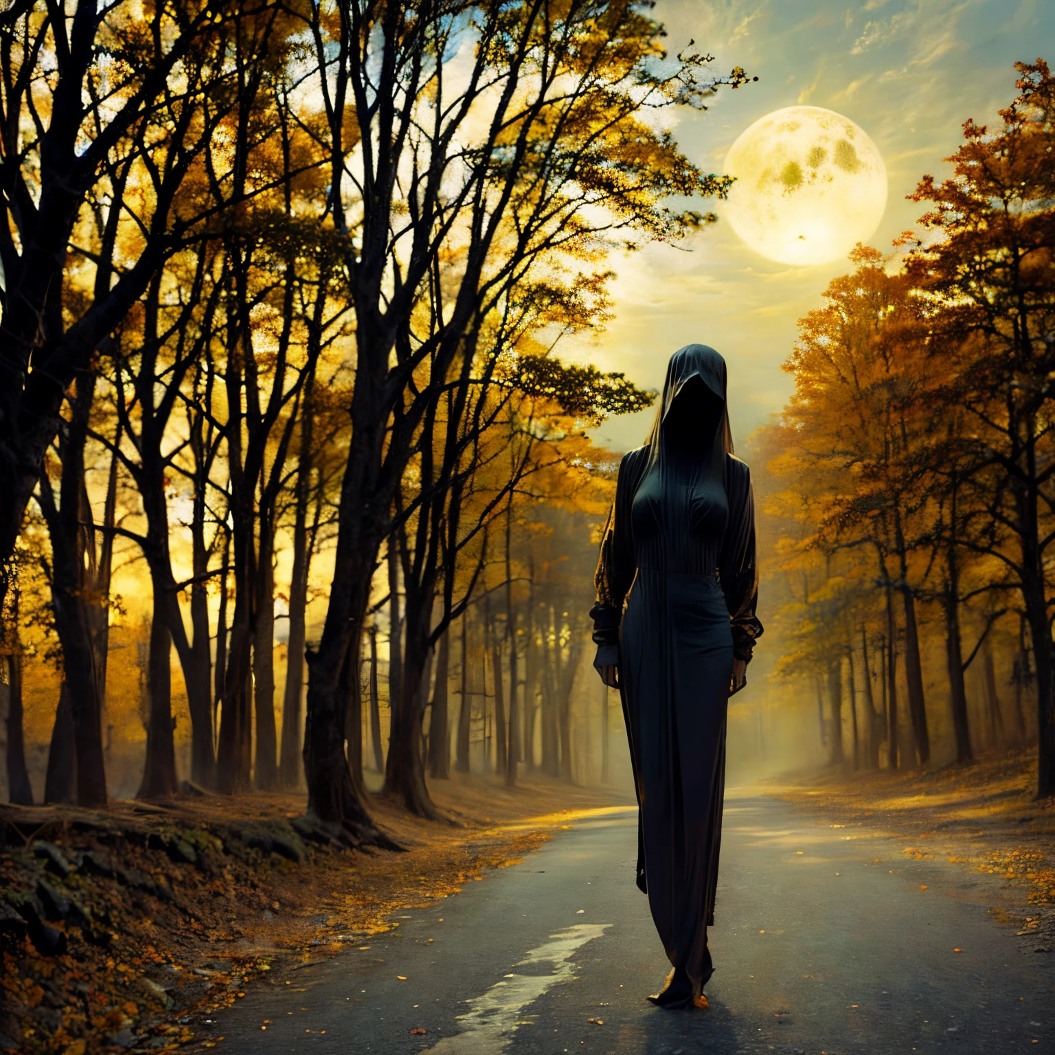 Realistic anime style photo, better quality possible, ghost adult woman walking in cemitery, night, full moon, add owl in a tree