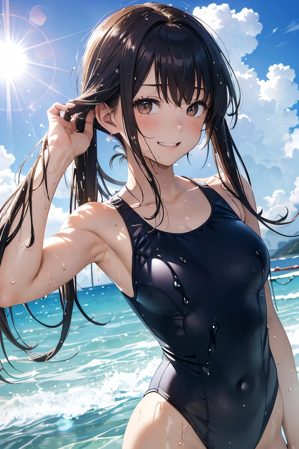 (masutepiece), (Best Quality), hyper detailed illustration,beautiful artwork,(Extreme Detail CG Unity 8K wallpaper)、(exquisite lighting and shadow、highly dramatic picture、cinematic lens effects)、Young teenager girl on the beach, 1girl in, (School swim wear:1.3), Solo, onepiece swimsuit, Outdoors, Long hair, (Wet), breasts, Covered navel, Water, Black hair, Brown eyes, day, Small breasts, Bangs, Sunlight, Blue School Swimsuit,(Wet:1.2),(Water splash:1.1),Open mouth,(straggling hair:1.2),(light Particle),(Twin tail),(sunlight shining:1.2),(Long hair:1.2),(The swimsuit is wet),(Strong sunshine:1.1),(Lens Flare:1.3),(Tsurime:1.2),Correct hand,Correct fingers,(Sweat:1.2),(Head tilt),arched body,(Finger to mouth),(Big smile),(On the beach), (dark blue school swimsuit:1.2),(brown eyes:1.2),