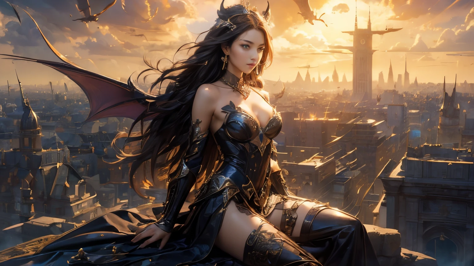 tmasterpiece,top-quality,Best quality,offcial art,(Beauty and aesthetics:1.2),(tmasterpiece:1.3), (8K, realistically, RAW photogr, Best quality: 1.4), beauitful face, (photorealiscic face),超高分辨率, ultra real photo, The content is very detailed, the golden ratio, (with dynamism:1.3),(saturate:1.3),illusory engine, (high detal: 1.9),(femele:1.4),(Large breasts),sweetheart,Dragon's Horn,Bat wings,Gorgeous armor,destroyed city in background,Medium portrait,theatrical,(magia),(medieval times:1.8)