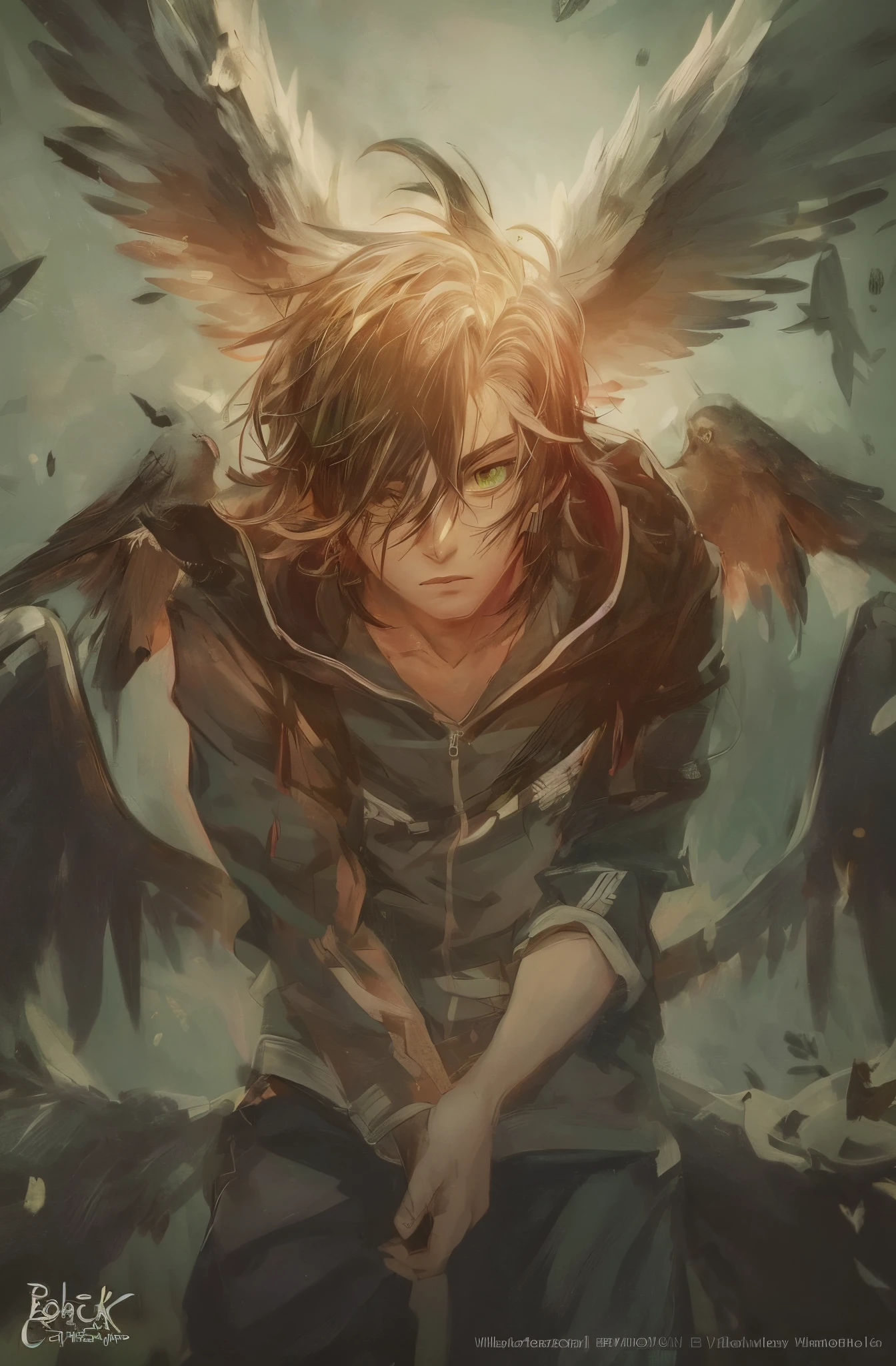 Black hair, green eyes, pale skin anime guy with black bird wings