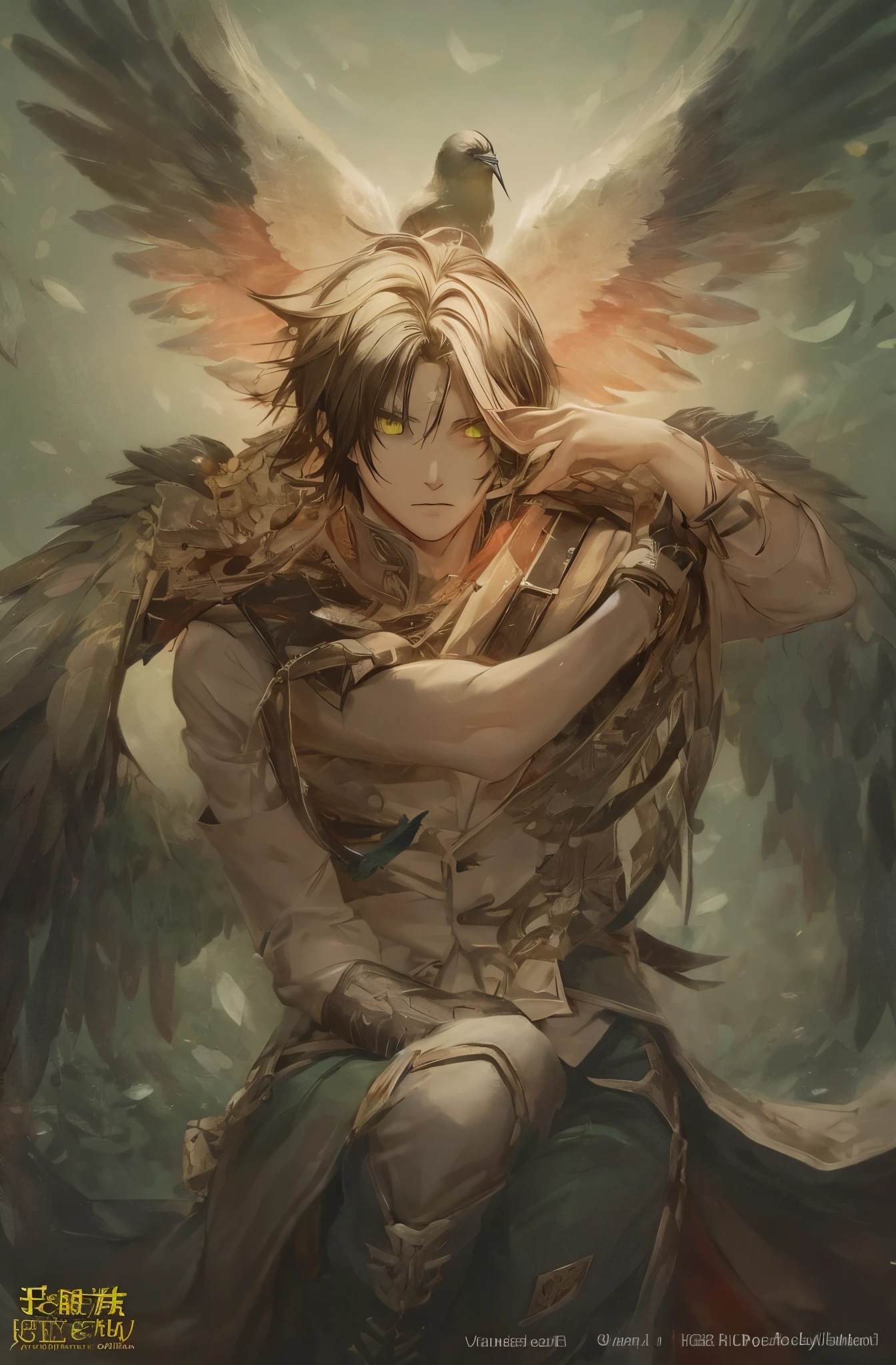 Black hair, green eyes, pale skin anime guy with black bird wings