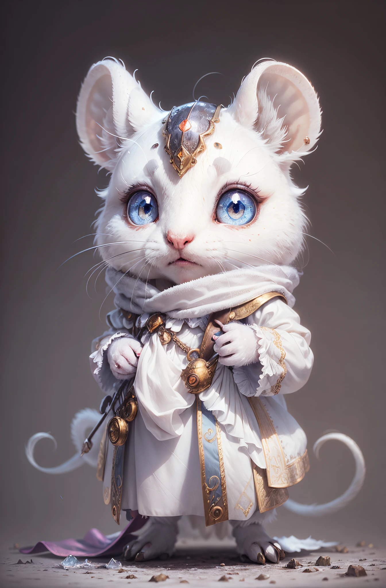 A little mouse close up potrait of a young lady who has snow color and silk like hair, and delicate skin, upper body, (extremely detailed eyes, nose, ears, lips, face), beautiful and crystal clear eyes