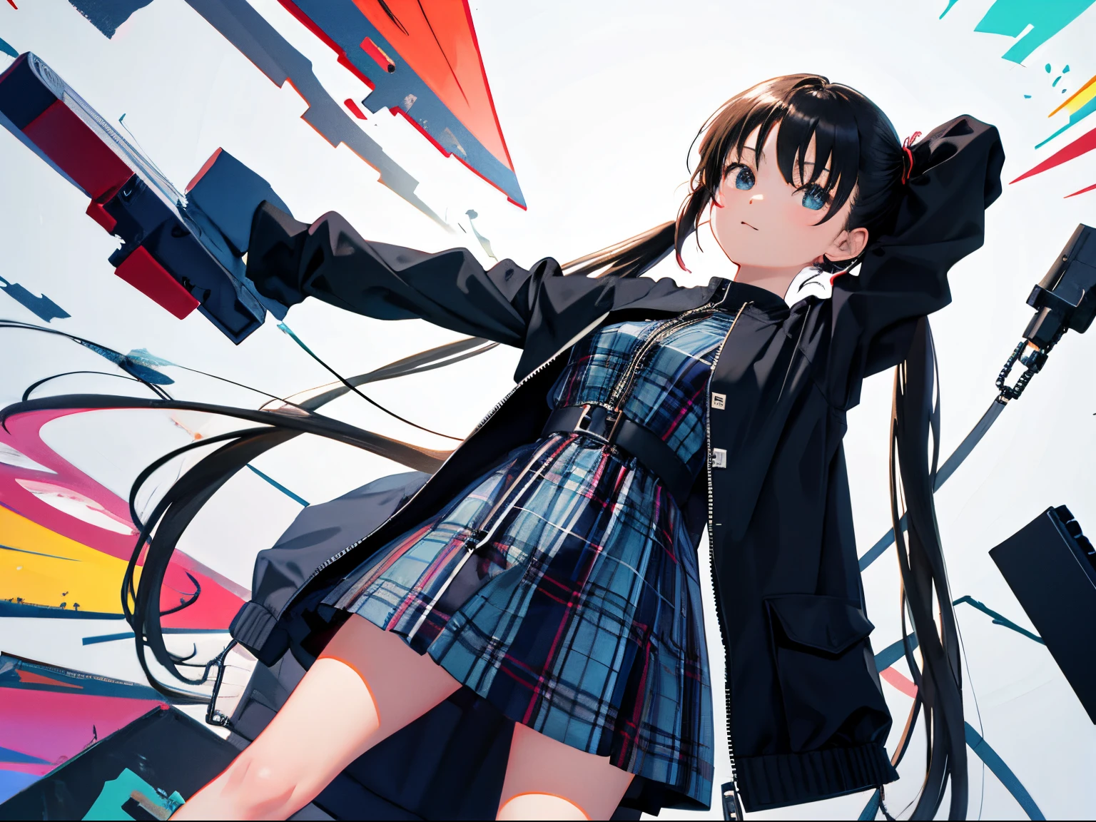 child，is standing，（​masterpiece，Highest Quality），（plaid zip-up dress:1.4），shortsleeves，A dark-haired，long twintail
