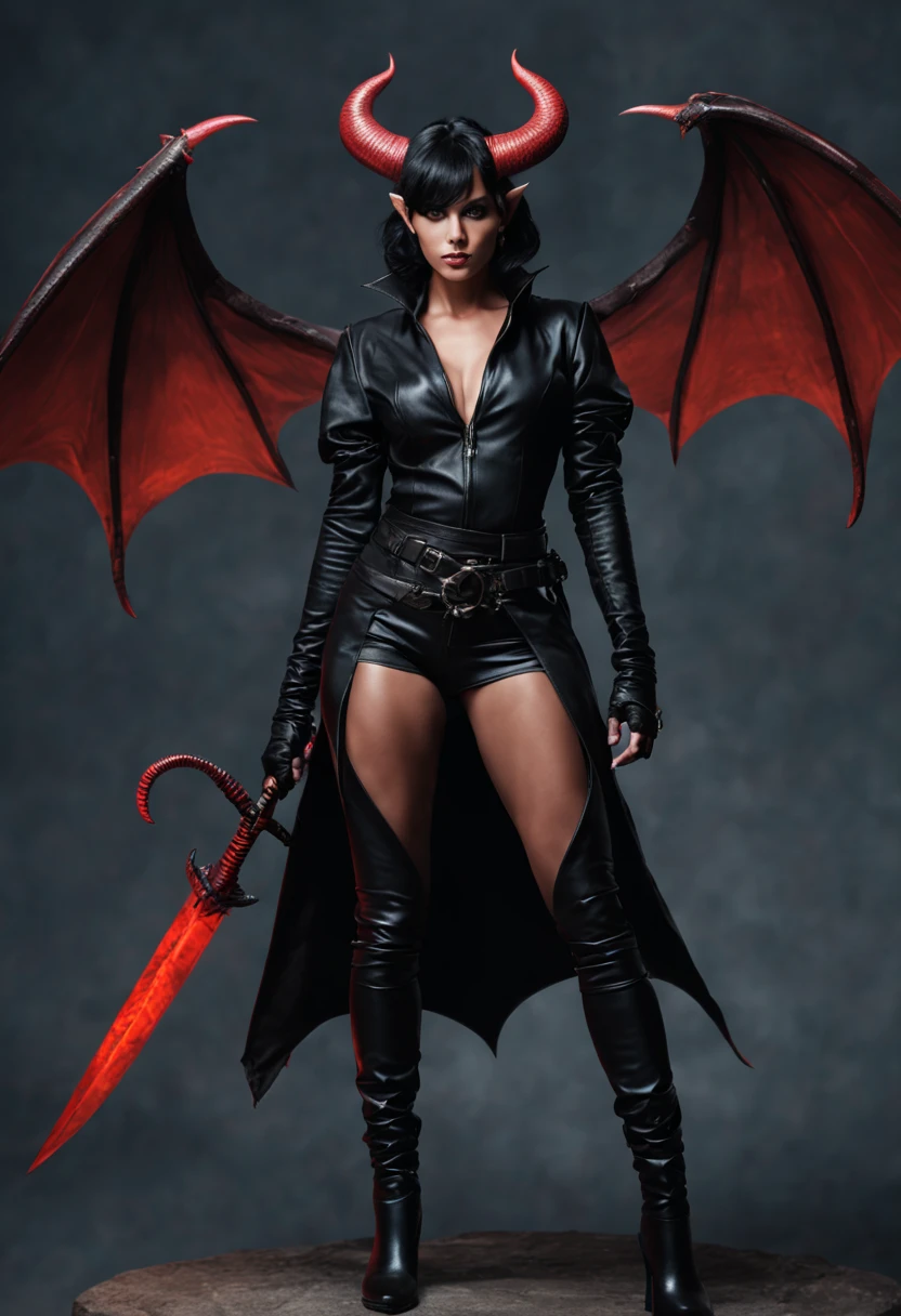 A female Tiefling with black hair, short horns, wearing leather outfit, full body pose, black devil tail, holding steal daggers, large breasts,