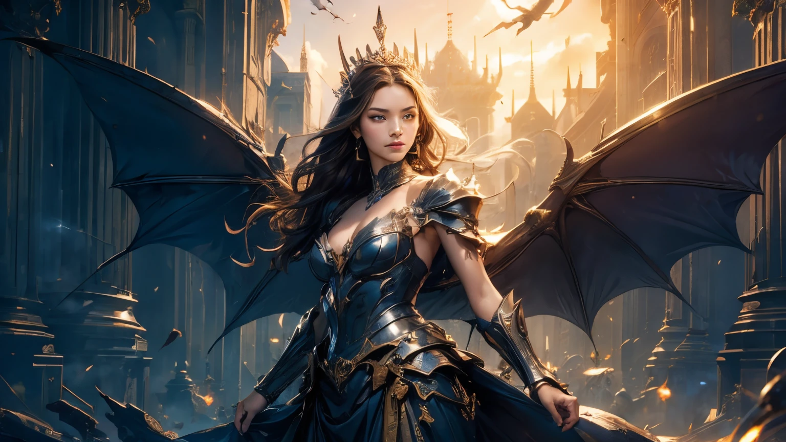 tmasterpiece,top-quality,Best quality at best,offcial art,(Beauty and aesthetics:1.2),(tmasterpiece:1.3), (8K, realistically, RAW photos, Best quality at best: 1.4), beauitful face, (photorealiscic face),超高分辨率, ultra real photo, The content is very detailed, the golden ratio, (with dynamism:1.3),(saturate:1.3),illusory engine, (high detal: 1.9),(femele:1.4),(Large breasts),sweetheart,Dragon's Horn,Bat wings,Gorgeous armor,destroyed city in background,Medium portrait,theatrical,(magia),(medieval times:1.8)