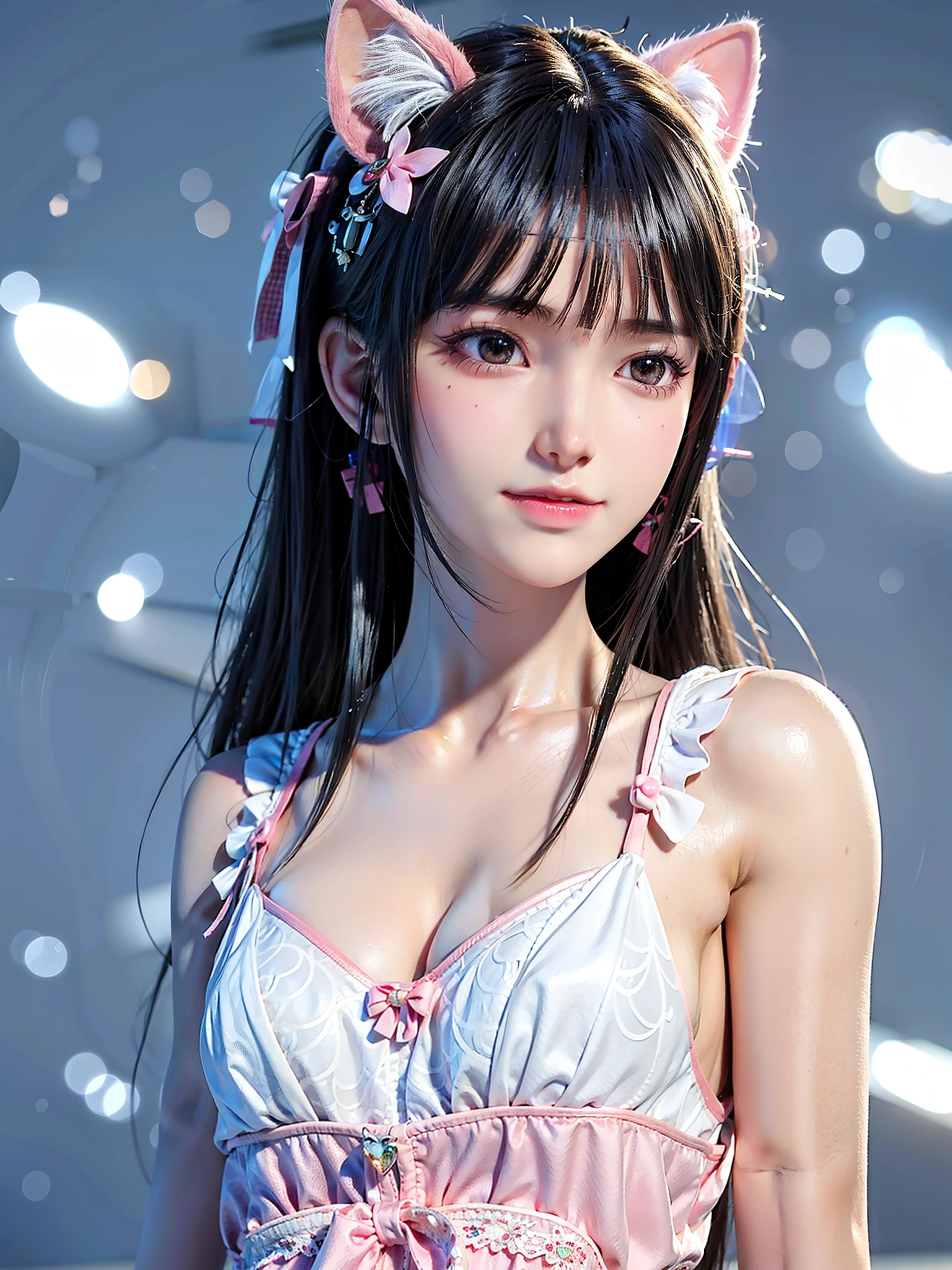 Anime girl posing with cat ears and pink dress, Gurwitz style artwork, smooth anime cg art, Beautiful anime girls, Guviz, A beautiful anime portrait, Popular topics on cgstation, Beautiful digital artwork, Belle peinture de personnage, realistic anime 3D style, beautiful anime woman, photorealistic anime girl rendering, Beautiful and seductive anime woman