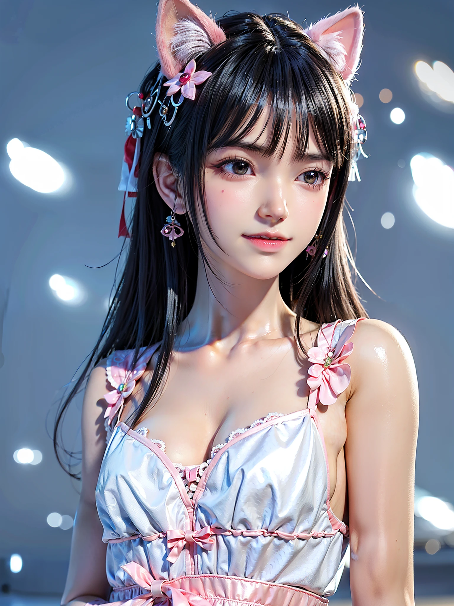 Anime girl posing with cat ears and pink dress, Gurwitz style artwork, smooth anime cg art, Beautiful anime girls, Guviz, A beautiful anime portrait, Popular topics on cgstation, Beautiful digital artwork, Belle peinture de personnage, realistic anime 3D style, beautiful anime woman, photorealistic anime girl rendering, Beautiful and seductive anime woman