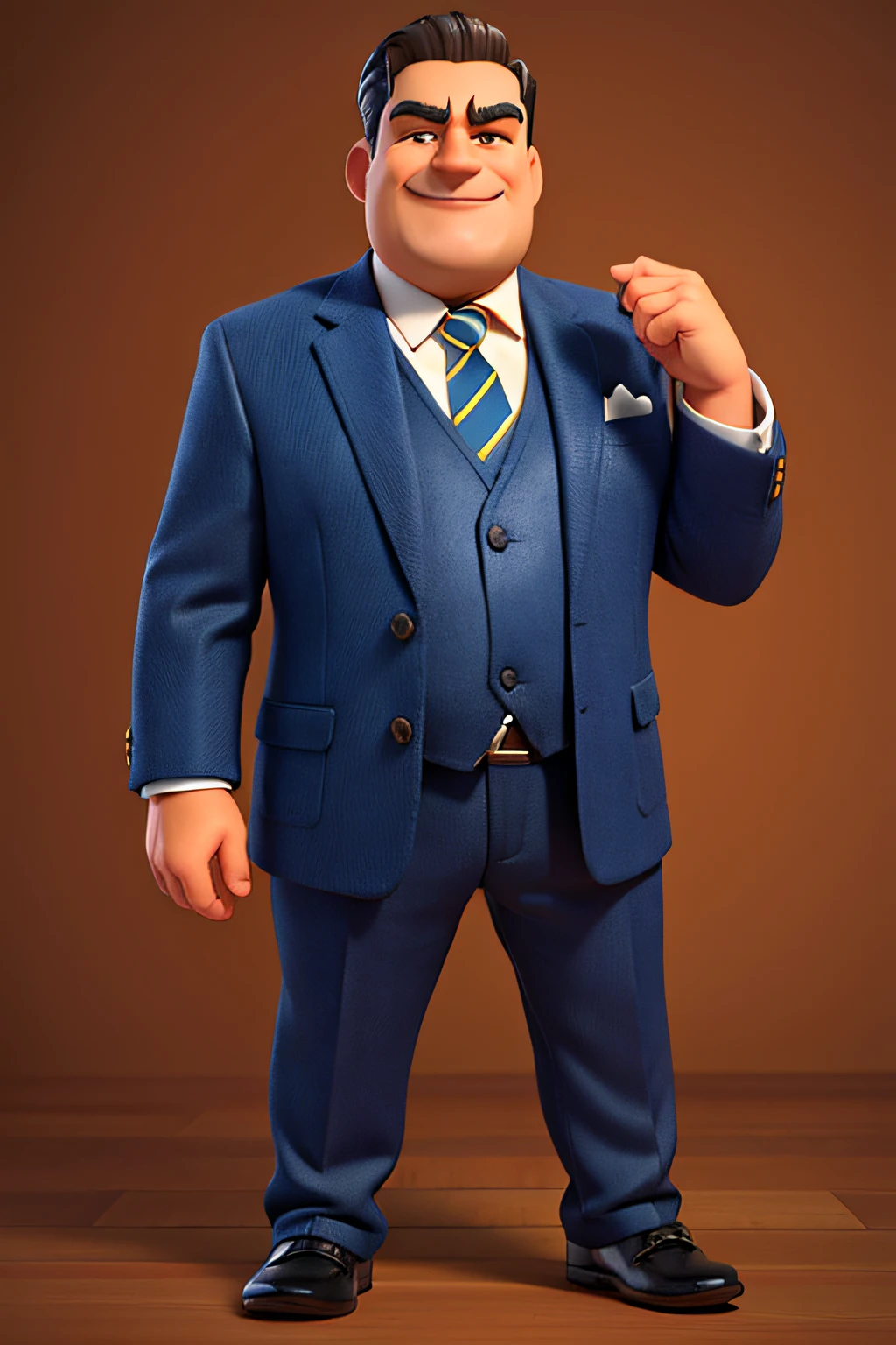 Create a full-body image of a stylized, 3D animated character that closely resembles the upper half of a figure provided. The character is a middle-aged man with a friendly and approachable demeanor. He should appear slightly overweight, with a gentle facial expression and a warm smile. His hair is dark with a subtle greying at the temples, neatly combed with a part on the side. He is wearing a smart, well-fitted navy blue suit with a white shirt underneath. The tie should be gold-striped, coordinating with the suit, and a small golden pin should be visible on the lapel of his suit jacket. His posture is confident yet relaxed, with one hand in his pocket and the other resting casually on his hip. The overall feel of the image should convey approachability and professionalism, with a background that is a soft, non-distracting gradient.