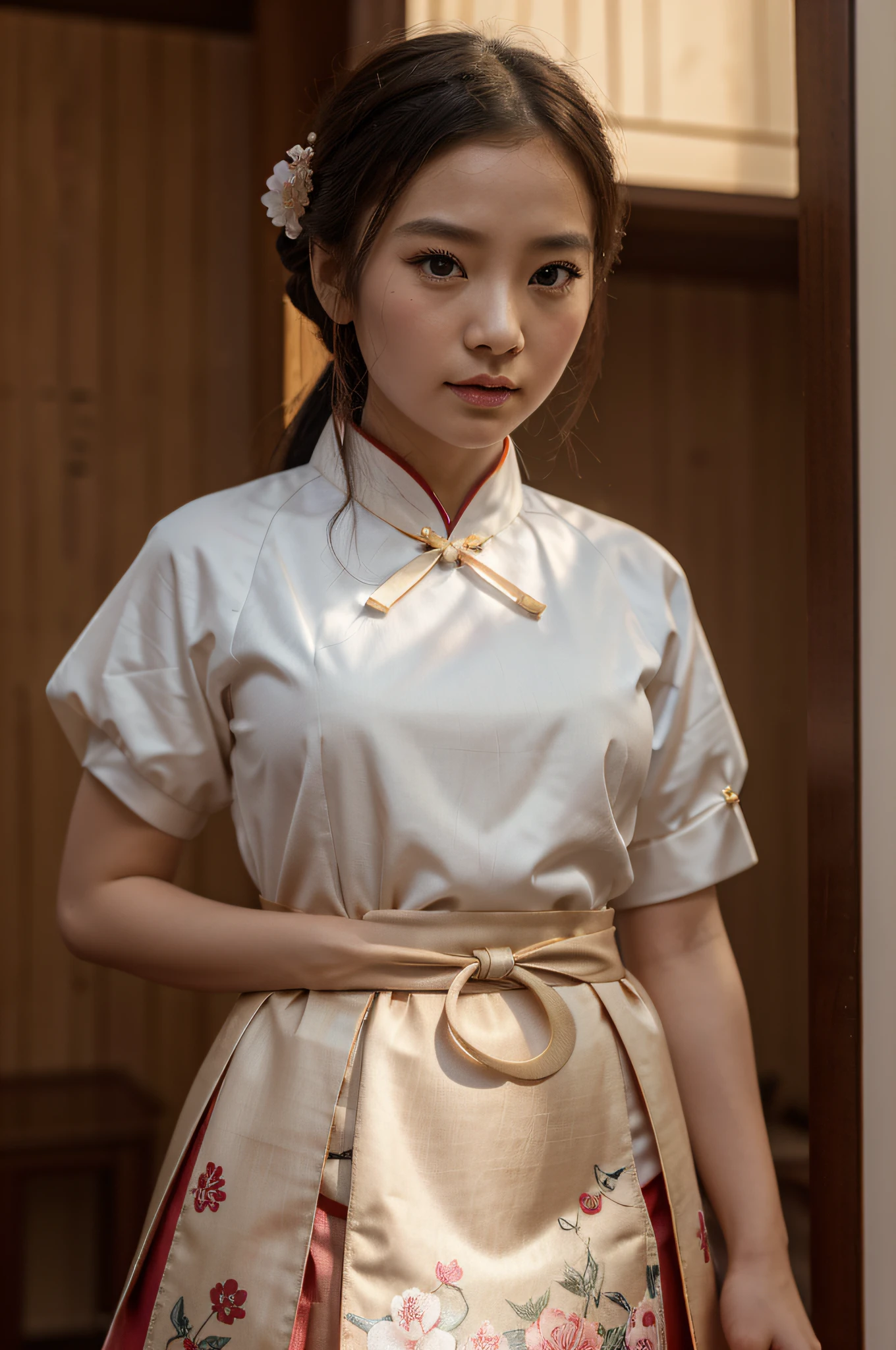 Cartoon in skirt, On the cheongsam, hanbok apron, Chinese-style, TRADITIONAL CHINESE COSTUMES, Close-up - view, Hanbok, Wearing ancient Chinese costumes, Matches ancient Chinese costumes, 宮, A girl in Hanfu, white hanfu, On the cheongsam, Chiton wearing pink flowers, Shadow Room, light edge, Two-tone lighting, (highdetailskin: 1.2), 8k ultra high definition, SLR camera, Soft lighting, high high quality, Volumetriclighting, sneak peek, photore, A high resolution, 4K, 8K, in background bokeh