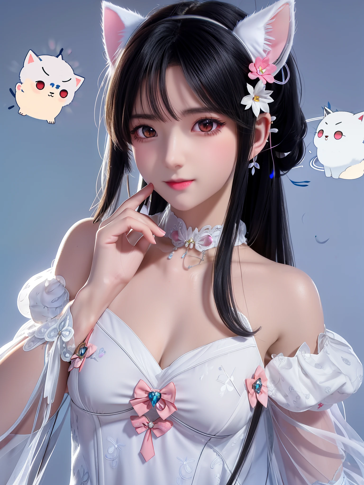 Anime girl with cat ears and white dress posing for photo, Gurwitz style artwork, Guviz, Beautiful and seductive anime woman, Popular topics on cgstation, Beautiful anime girls, smooth anime cg art, beautiful anime woman, seductive anime girls, attractive anime girls, cgstation trends, Belle peinture de personnage, Beautiful digital artwork