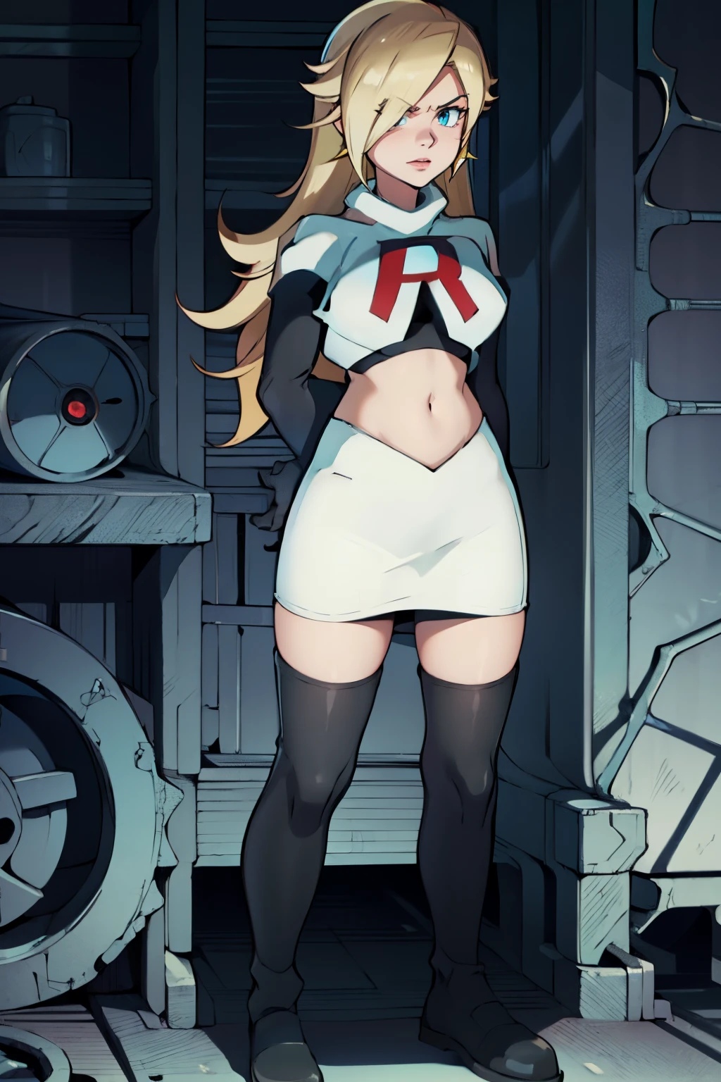rosalina,team rocket,team rocket uniform, red letter R, white skirt,white crop top,black thigh-highs,black elbow gloves, arms crossed