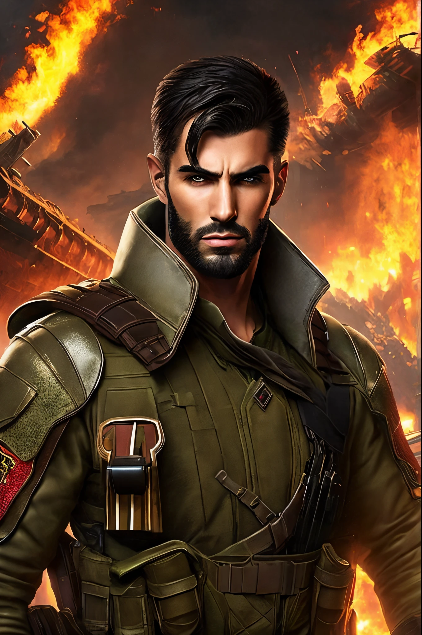 Desenhe uma imagem intrigante de um ex-militar altamente condecorado, agora envolto em uma aura sombria e vestindo um uniforme militar. Cabelo curto em estilo militar e uma barba desgrenhada marcam o seu rosto. Uma marca de queimadura clara em seu rosto, His gaze is piercing, carrying with them the experience of past battles, but now reveals a sinister determination. Ao fundo, a dystopian urban landscape reflects the harmful influence that this former military hero has on the city, while flames dance around you, highlighting his newfound penchant for pyromania. Details like war scars and corrupted ancient insignia can add layers to the visual narrative, emphasizing his transformation from defender of justice to a formidable villain who uses fire as a tool of destruction.