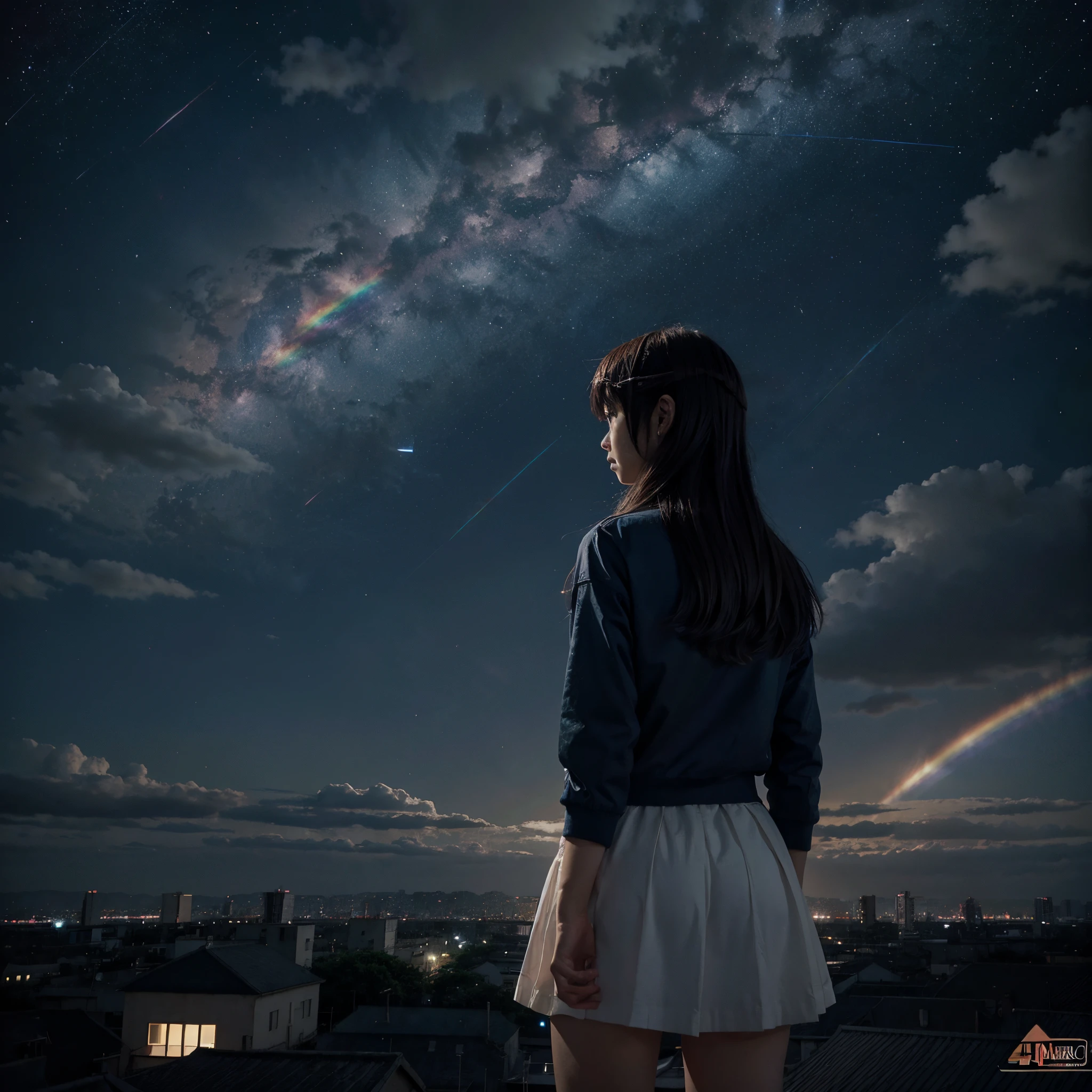 Anime girl standing on the roof looking at the night sky with stars and rainbow, Rainbow Starry Night, 4k anime wallpapers, Anime Wallpaper 4k, Papel de parede anime 4k, Anime Art Wallpaper 8K, Anime Art Wallpaper 4K, Anime Art Wallpaper 4K, estilo anime 4K, Makoto Shinkai Cirilo Rolando, 4 k manga wallpaper, anime wallpaper, paper awesome wallpaper, estrelas cadentes