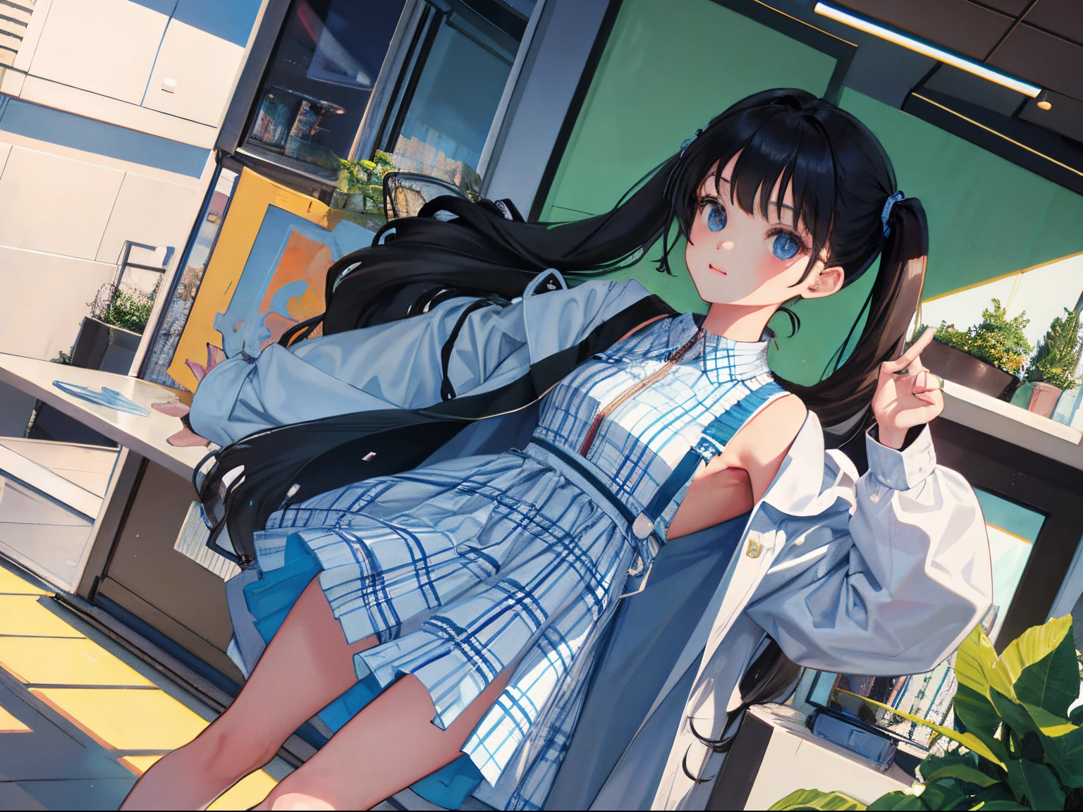 child，is standing，（​masterpiece，Highest Quality），（plaid zip-up dress:1.4），shortsleeves，A dark-haired，long twintail