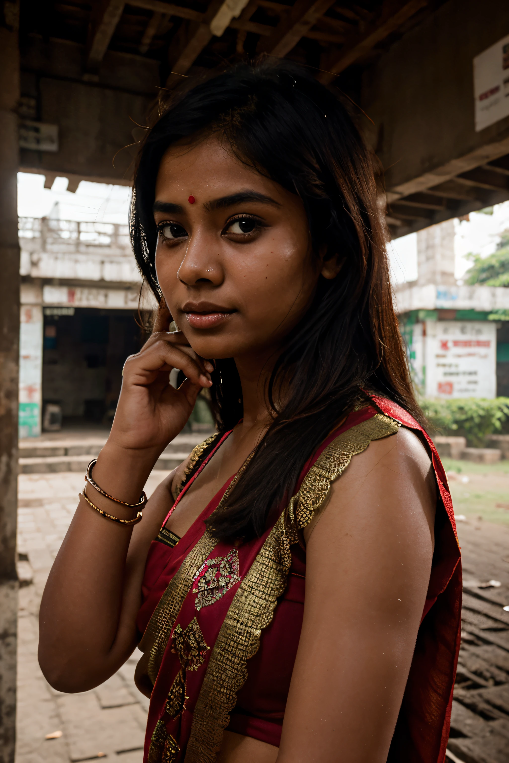 bangladeshi girl 18 years old wearing saree realistic in dhaka university less revealing in red candid portrait