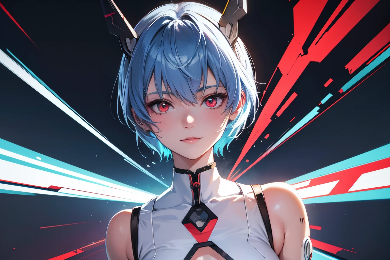 Evangelion cockpit,Masterpiece Portrait of Smiling Rei Ayanami (Shin Evangelion), Shin Evangelion (Hideaki), Caustics, high-resolution illustrations,14years, red eyes, Feminine, There are no students, Blue hair,  short detailed hair, Medium chest,Japan School Uniform, low cost, spook, synthetic wave, paint splatter, shaded flat illustration, number art, Hot topics on artstation, The is very detailed, finedetail, iintricate, spatter, Transcendent, Auto parts, neon colored,white under lingerie,boot