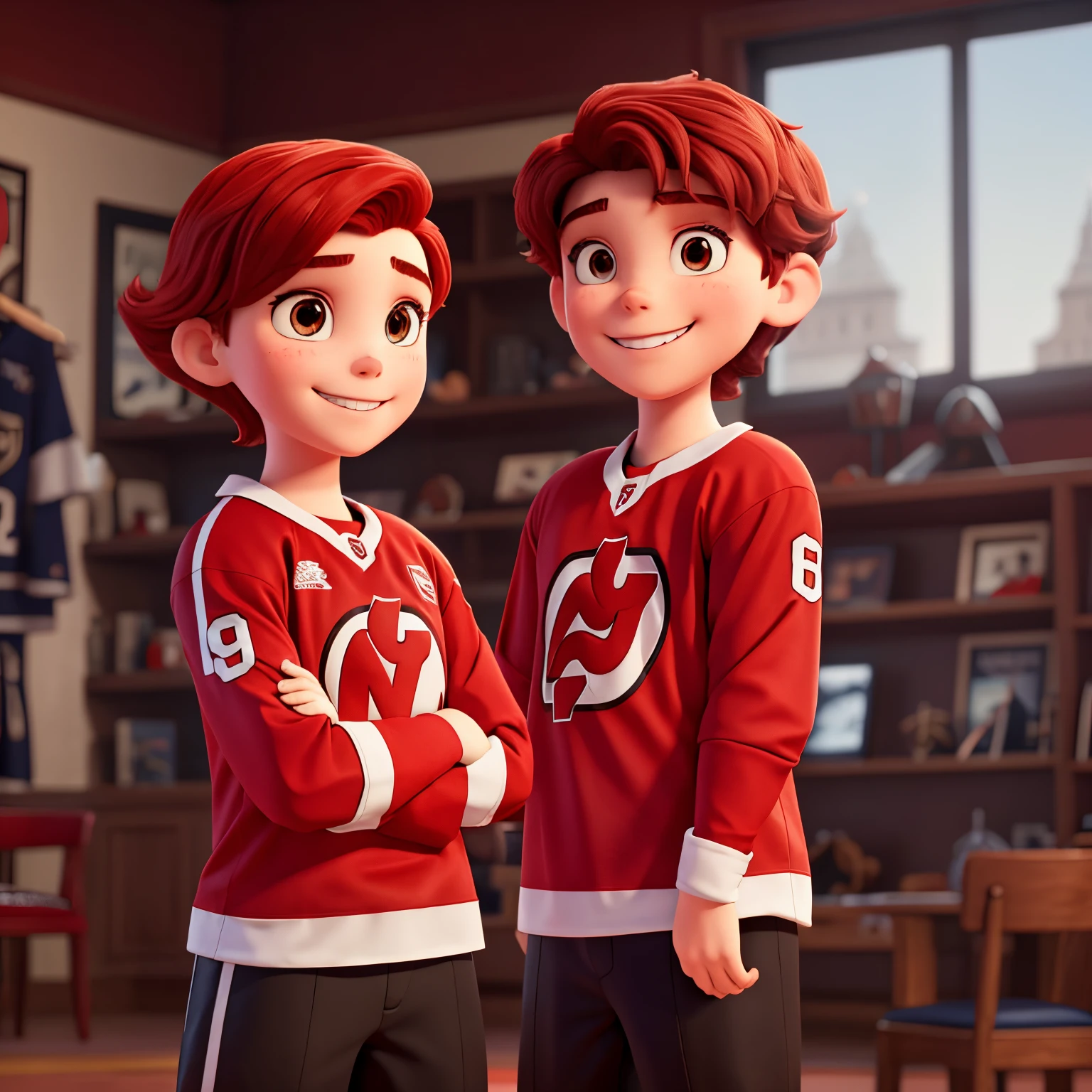 Jack hughes, number 86 on the new jersey devils ice hockey team with a short red head girl with brown eyes. Both smiling and wearing new jersey devils jerseys.