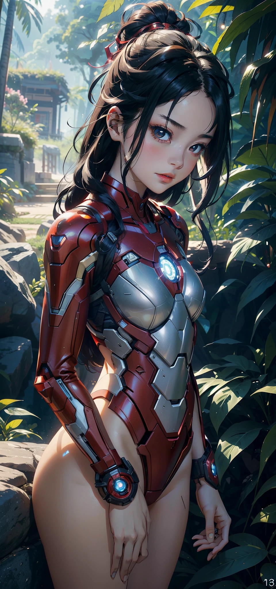 1female,small exposure, 独奏,(Background with:at a forest,the rainforest,in summer) She has long black hair,Redlip,Stood up,seen from the front, curlies, The sky is mostly cloudy,(((tmasterpiece),(Very detailed CG unified 8k wallpaper),Best quality at best,电影灯光,detailed back ground,beautidful eyes,Bright pupils,(very delicate beautiful),(Beautiful and detailed eye descriptions),ultra - detailed,tmasterpiece,)),facing at the camera,A high resolution,ultra - detailed),revealing breasts,Bare genitals, convex,Camel toes,Raised sexy,Iron Man(dressed in:,Iron Man Mech,Armour,nakeness,badges,cyber punk style,Bare genitalia)