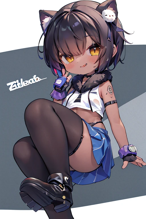top-quality, ultra-detailliert, 1girl in, 独奏, Velorta, breastsout, up looking_で_viewer, red blush, A smile, Short_hair, bangss, skirt by the, D, thighs thighs thighs thighs, gloves, Bare_shoulders, Twin-tailed, Closed_Mouth, ,yellow_Eyes, pleats_Skirt, long boots, tongue, Black_gloves, a belt, Black_thighs thighs thighs thighs, a miniskirt, tongue_out, fingerless_gloves, Black_Skirt, Black_Footwear, zettai_ryouiki, The tattoo, ((Chibi)),Sniper rifle