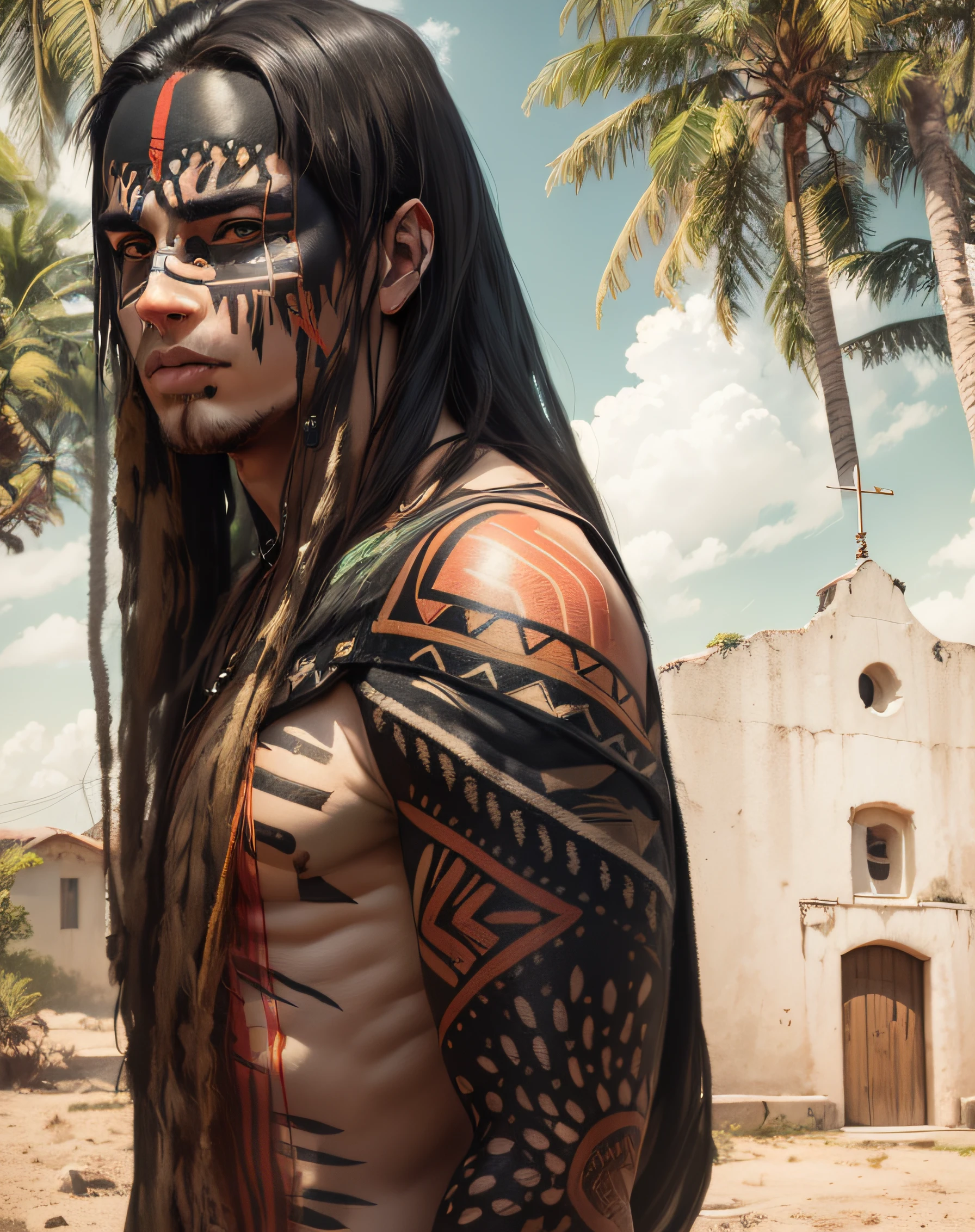 The image shows an indigenous man with his face painted and shirtless, com cabelos longos e rosto pintado, Standing in front of a church. The man appears to be wearing a necklace and his body is adorned with intricate tattoos.. A cena tem como pano de fundo palmeiras, giving the impression of a tropical or exotic location. The man's striking appearance and surrounding environment create a captivating and unique atmosphere.