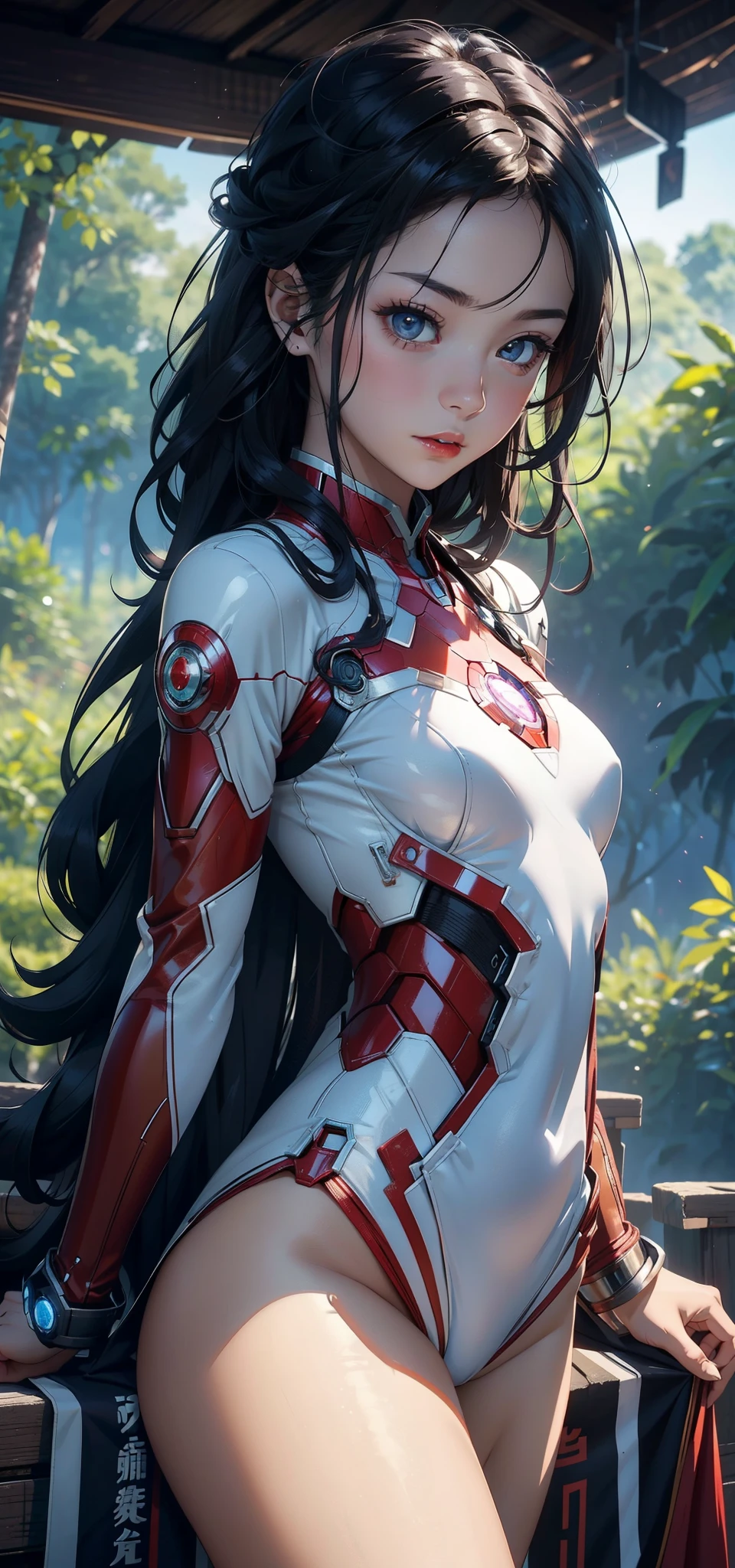 1female，11yo，bit girl，smallunderboob ，nice hand，Pornographic exposure， 独奏，（Background with：ln the forest，the rainforest，in summer，Water on the ground，exteriors） ，Stride，Sweat profusely，drenched all over the body，seen from the front，blond straight hair ， mostly cloudy sky，（（（tmasterpiece），（Very detailed CG unity 8K wallpaper），best qualtiy，cinmatic lighting，detailed back ground，beatiful detailed eyes，Bright pupils，（Very fine and beautiful），（Beautiful and detailed eye description），ultra - detailed，tmasterpiece，）），face to the viewer，frontage，A high resolution，ultra - detailed）nakeness，Wipe off panties，revealing breasts，Bare genitalia， Bulge，Camel toes，Raised sexy，Lewd expression，Flushed complexion，Open-mouthed，frontage，pony tails，Iron Man（Wearing：Iron Man uniform，Pantyhose）ssmile