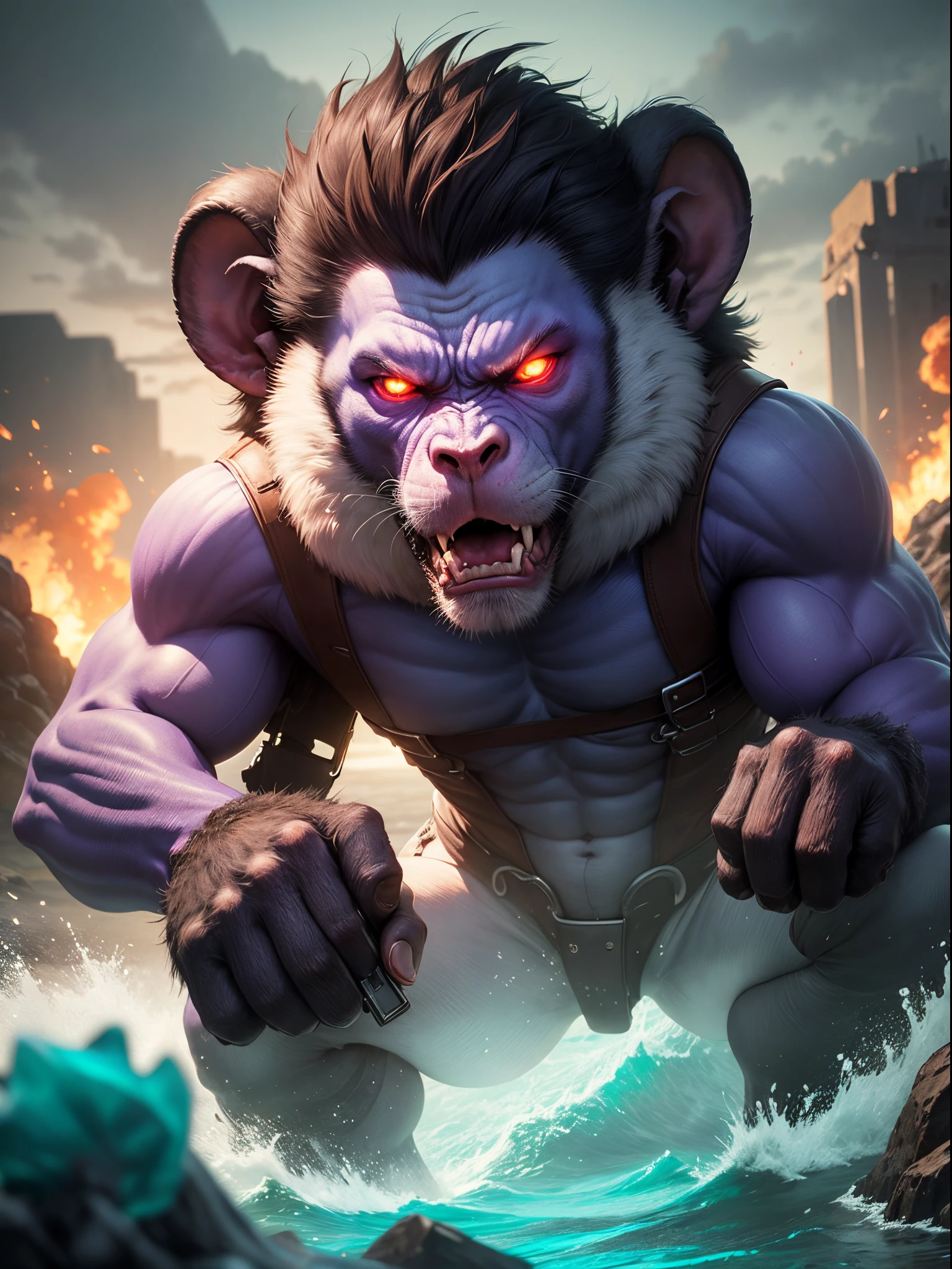 generate an image of a island full of angry purple monkeys with red eyes and they have guns while the usa military attacks them