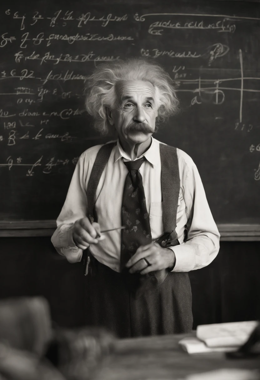 A photo of Einstein playing the violin with a mischievous glint in his eye, while a chalkboard in the background is filled with complex equations and diagrams.,original,Einstein’s appearance was iconic, with his wild, unkempt hair, bushy mustache, and piercing eyes often giving him a thoughtful and slightly disheveled look. He typically dressed in a simple, non-flashy manner, favoring comfort over style. , male