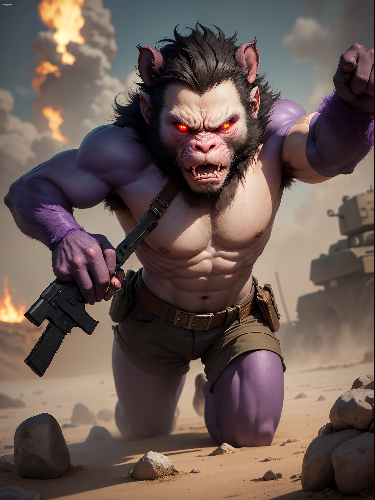generate an image of a island full of angry purple monkeys with red eyes and they have guns while the usa military attacks them